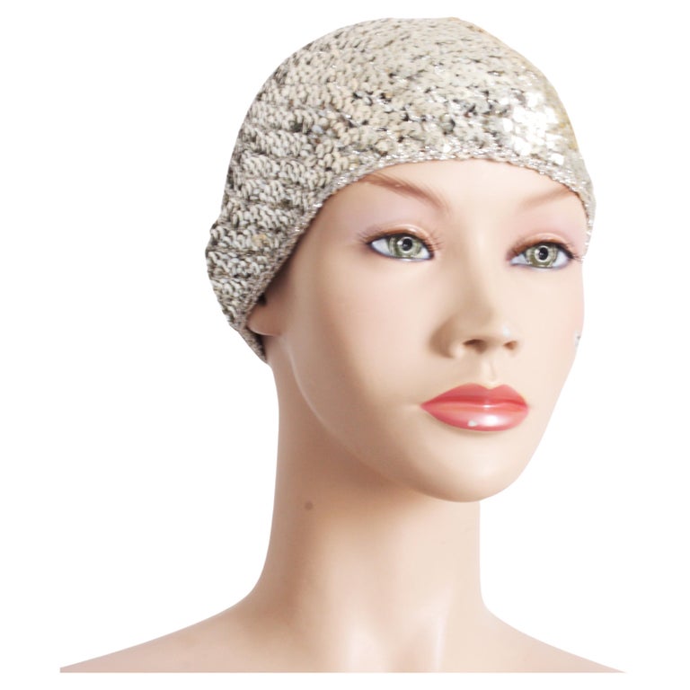 Vintage Halston Silver Sequins Hat Disco Skull Cap Festive  display picture 3