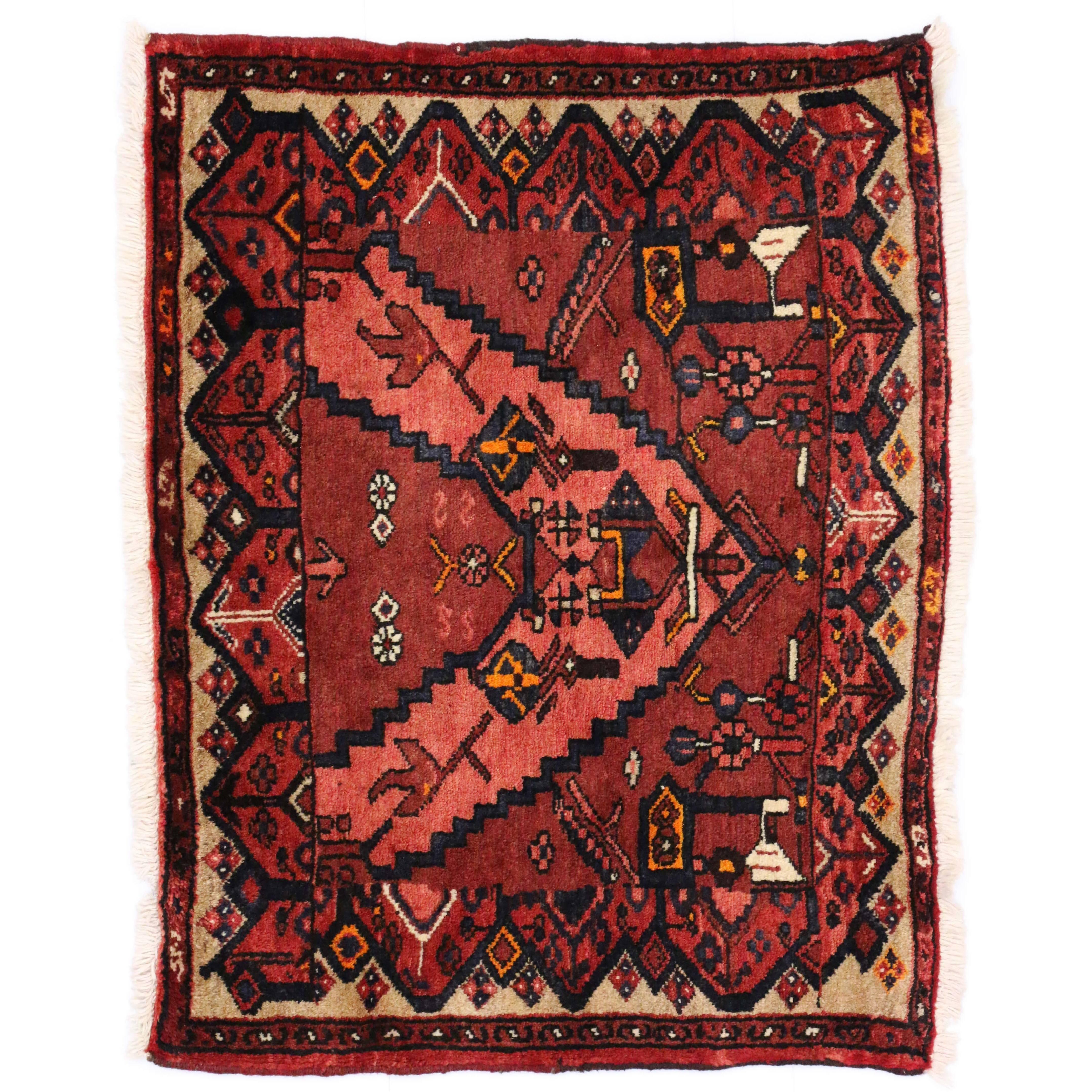 75247, vintage Hamadan Accent rug with modern style. This nomadic Persian Hamadan accent rug features a tribal design rendered in shades of coral, tangerine, sapphire and cream bordered with an azure blue zigzag border. The rug is bordered with an