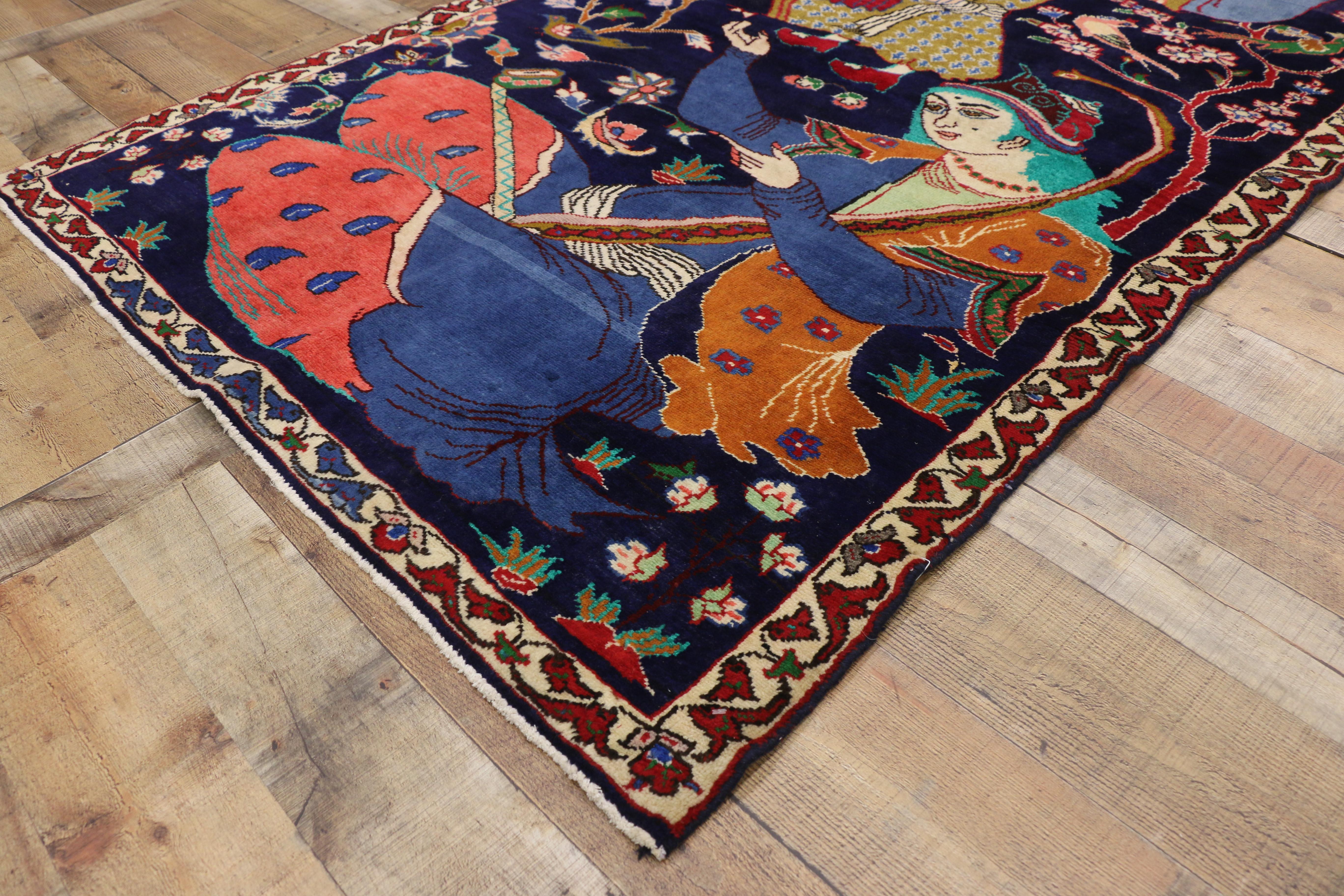 Tapis persan vintage Hamadan avec peinture Dervish, tapisserie murale figurative Excellent état - En vente à Dallas, TX