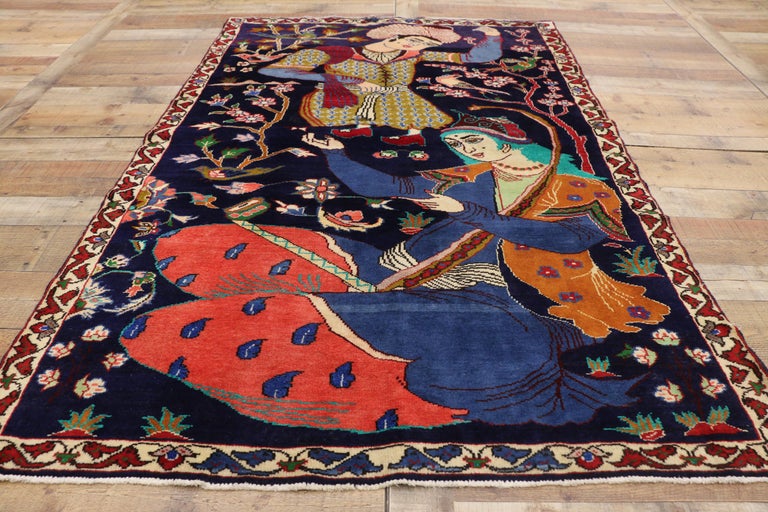 Vintage Hamadan Persian Rug With Dervish Pictorial Figurative