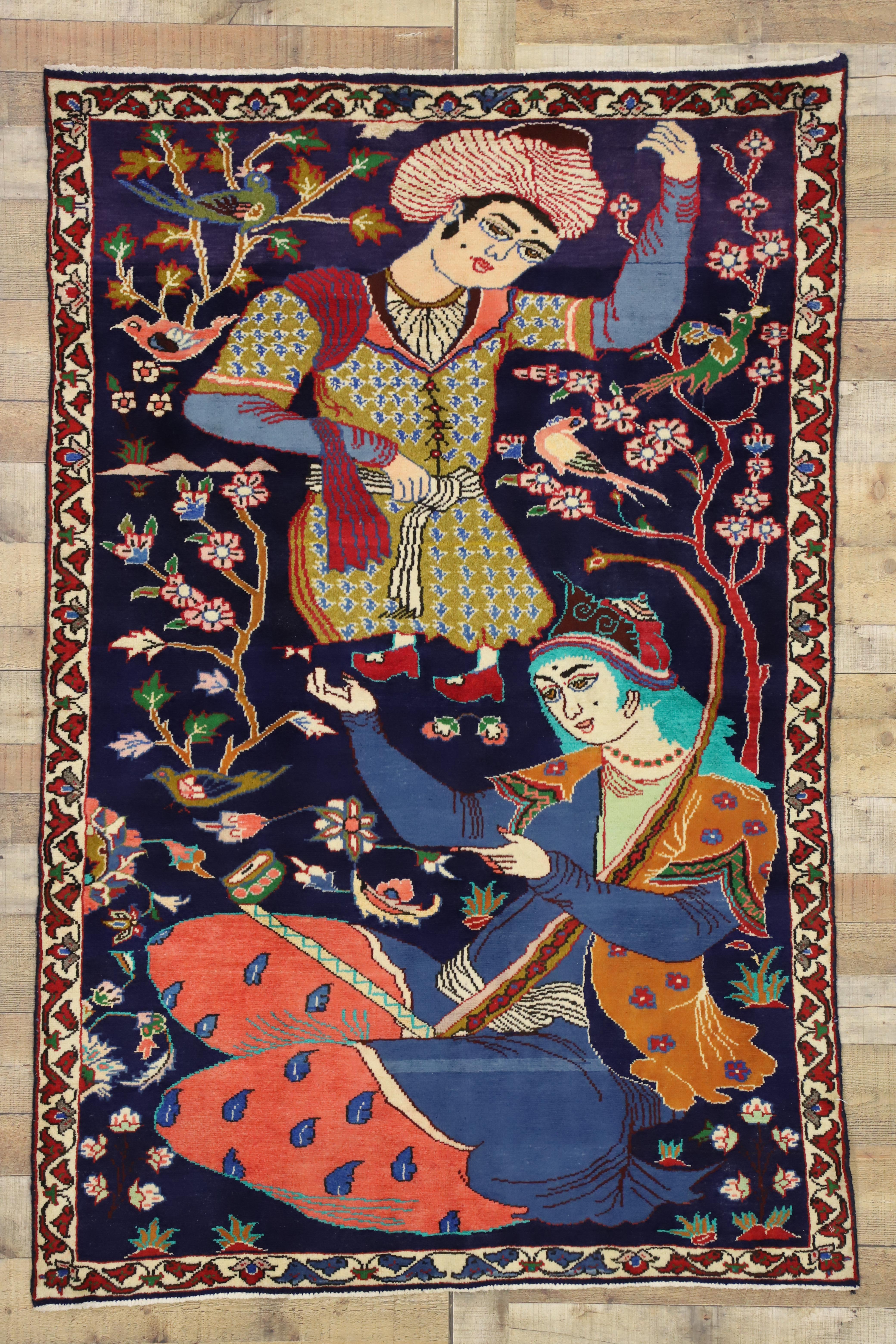 Laine Tapis persan vintage Hamadan avec peinture Dervish, tapisserie murale figurative en vente