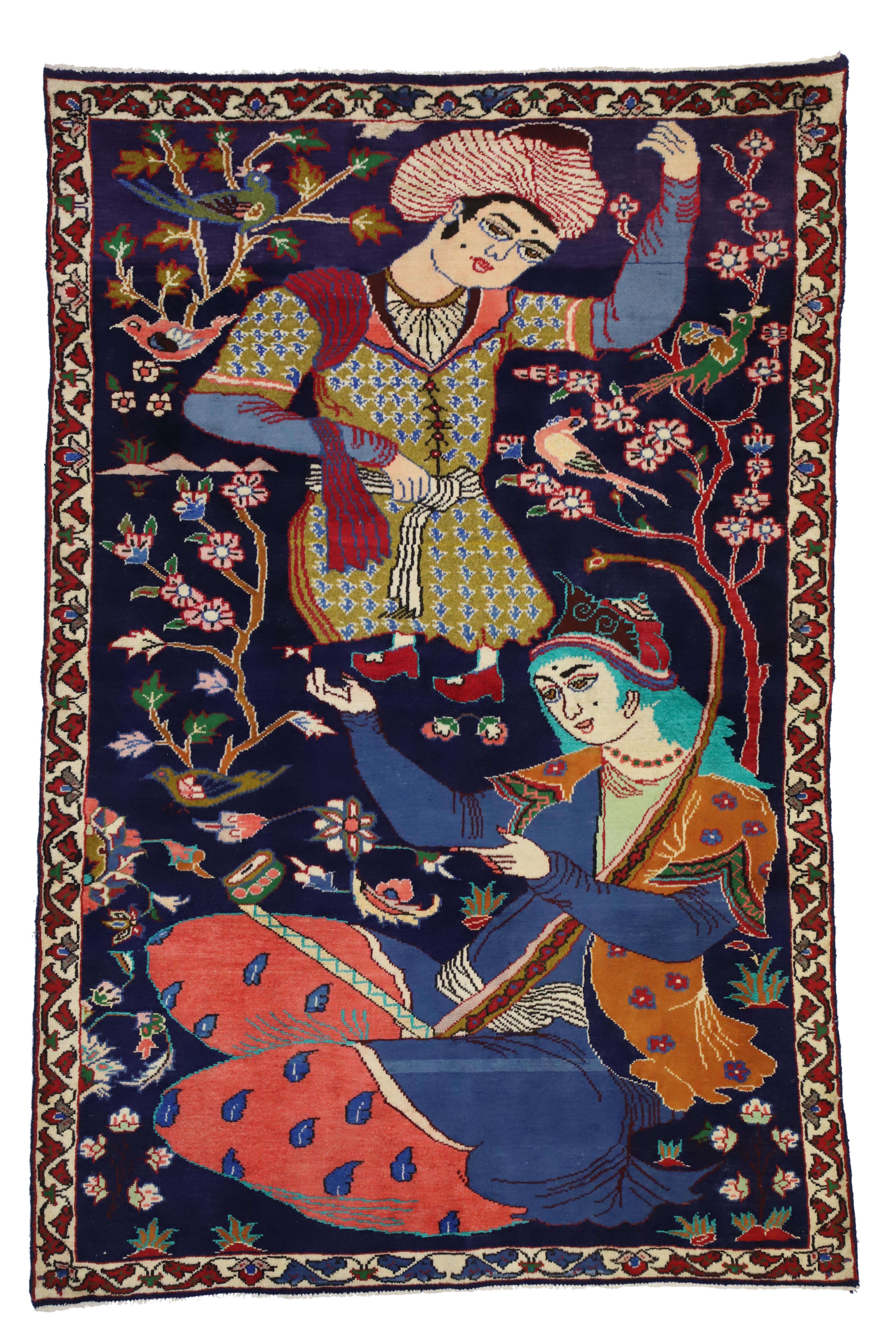 Tapis persan vintage Hamadan avec peinture Dervish, tapisserie murale figurative en vente 1