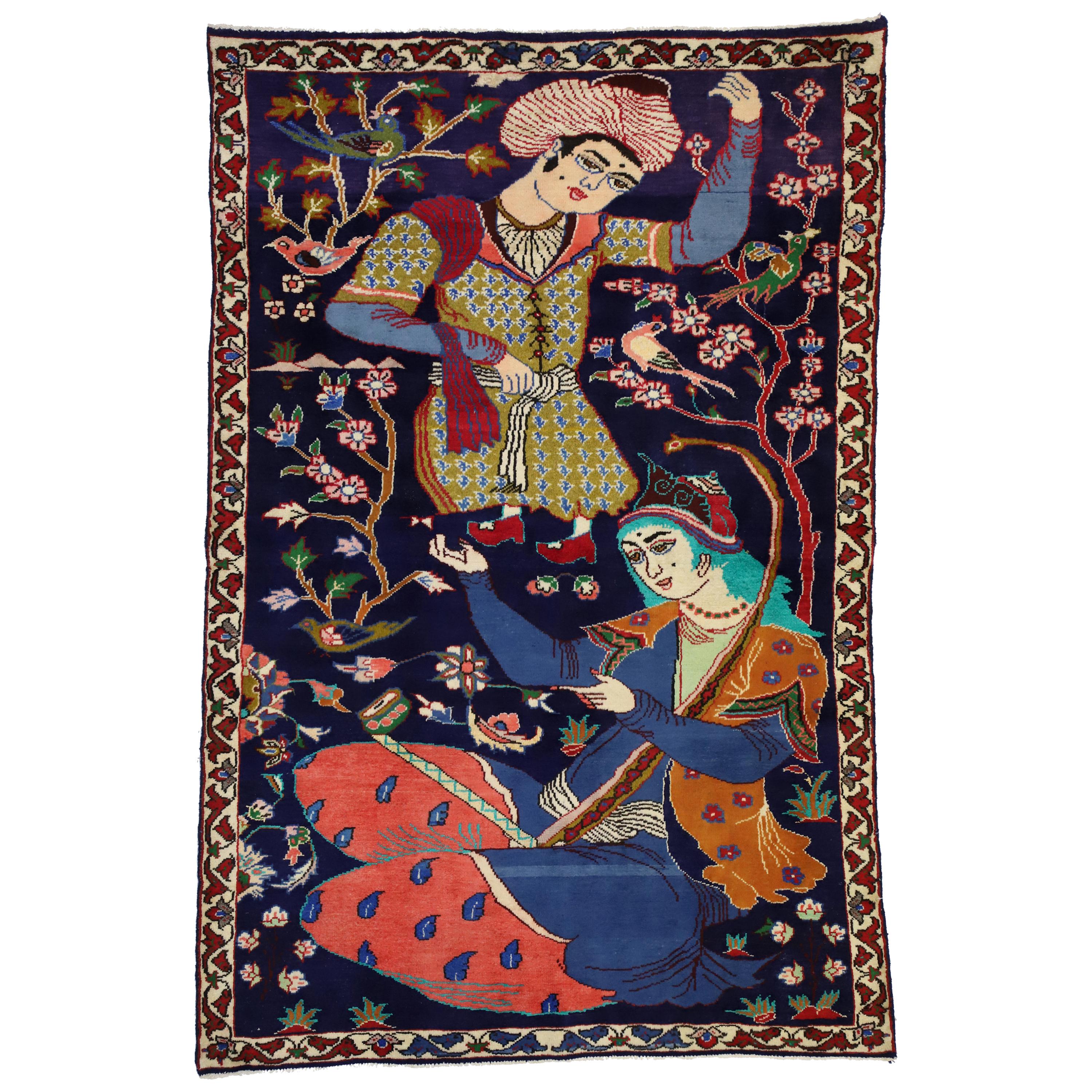 Tapis persan vintage Hamadan avec peinture Dervish, tapisserie murale figurative en vente