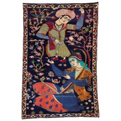 Alfombra Persa Vintage Hamadan con Derviche Pictórico, Tapiz Figurativo Arte de Pared
