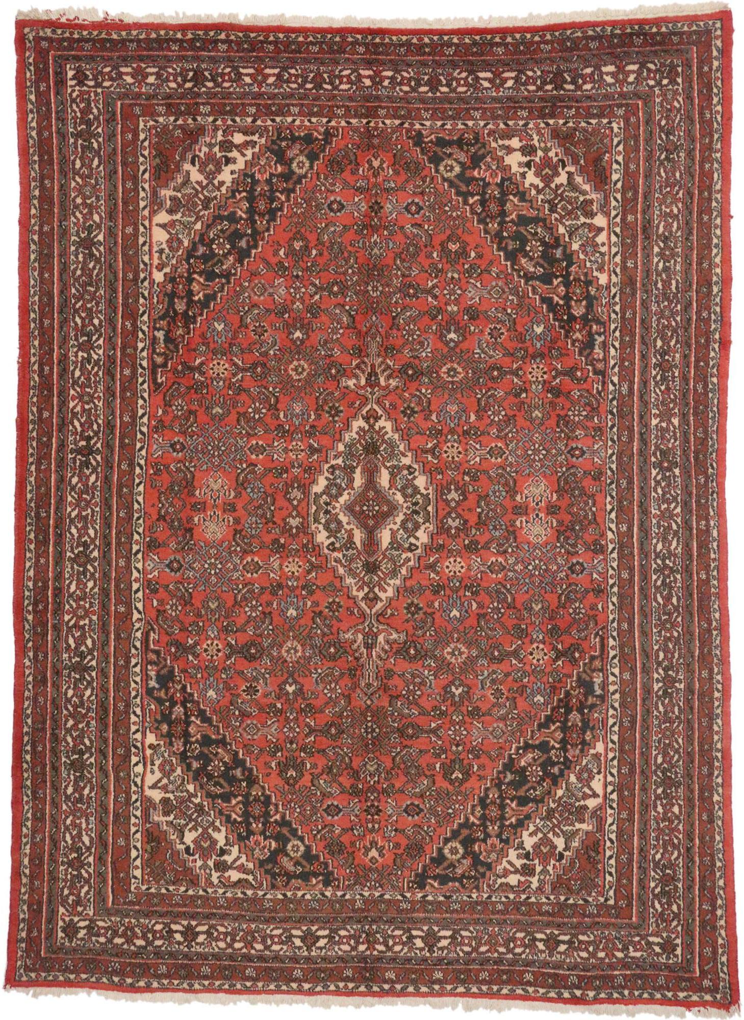 72034 Vintage Hamadan Persian Rug with Traditional Style 08’07 x 11’08 From Esmaili Rugs Collection. Providing an element of comfort, artistic statement and functional versatility, this vintage Hamadan Persian rug with Herati design creates a quiet