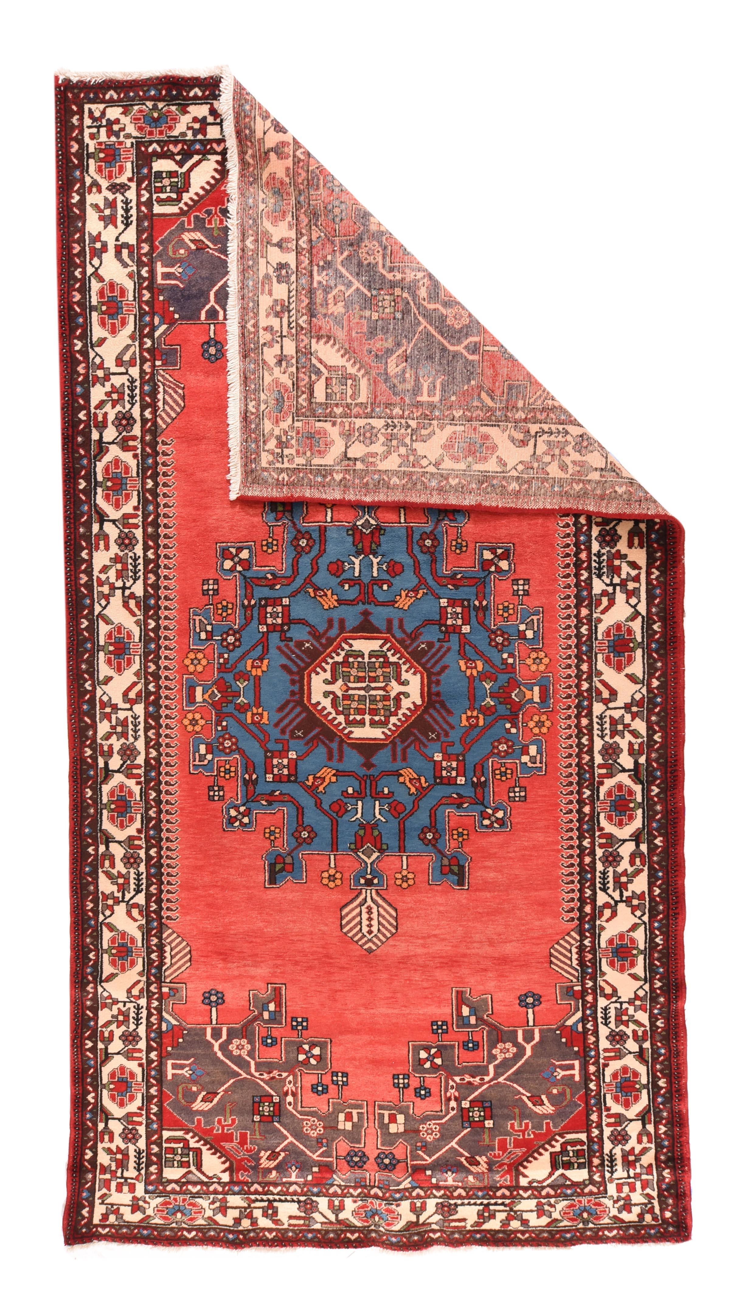 Vintage Hamadan Rug 5'4'' x 10'5''. This west Persian kellegi (long rug) show an open coral field centred by a cerulean blue medallion fringed and pendanted by feather palmettes, rosettes, flowers and small squares. Slate-green and ecru corners.