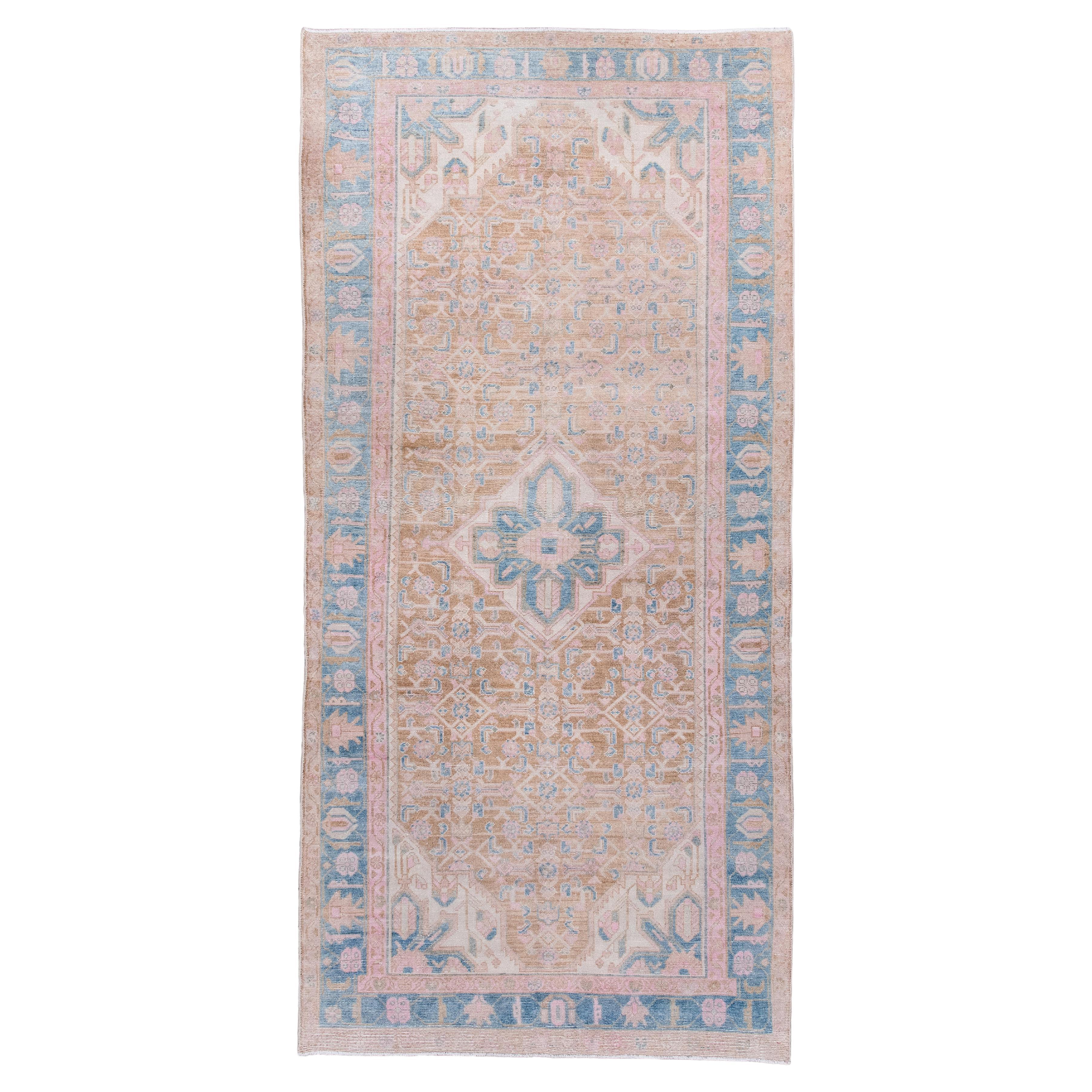 Vintage Hamadan Rug Medallion and Corner Design in Pastel Rose