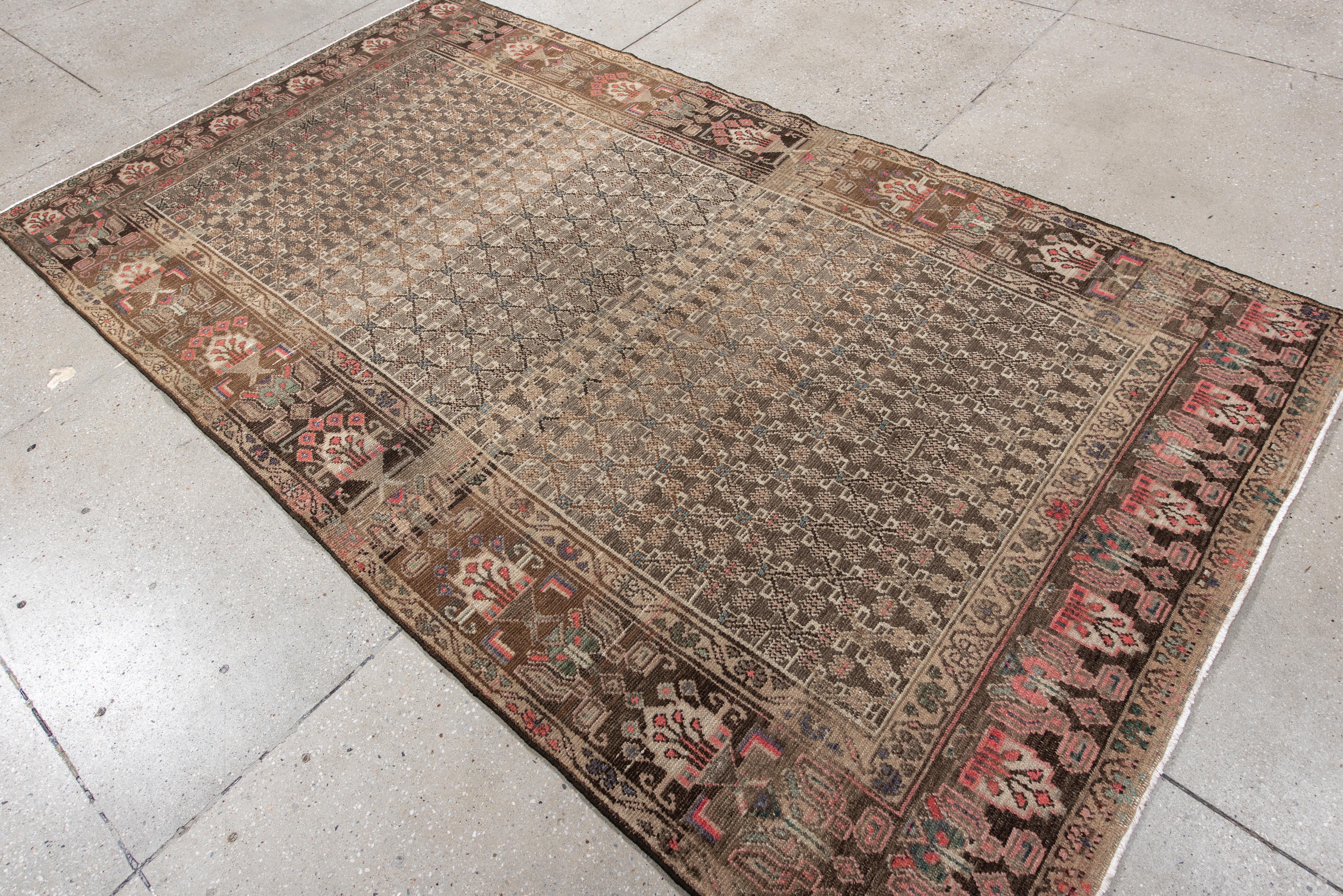 Vintage Hamadan Rug with Faded Mocha Field and Rosy Floral Border In Good Condition For Sale In New York, NY