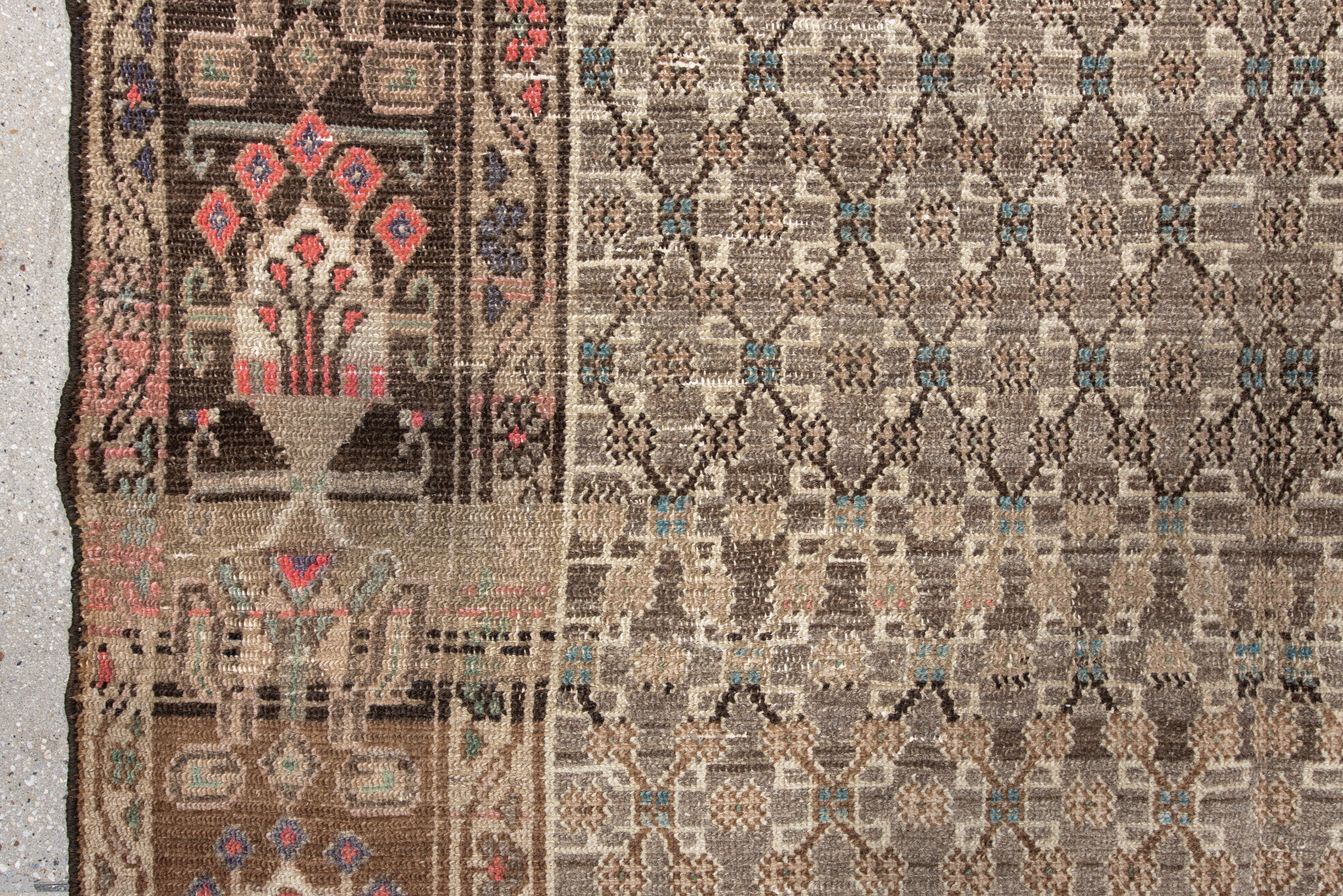 Wool Vintage Hamadan Rug with Faded Mocha Field and Rosy Floral Border For Sale