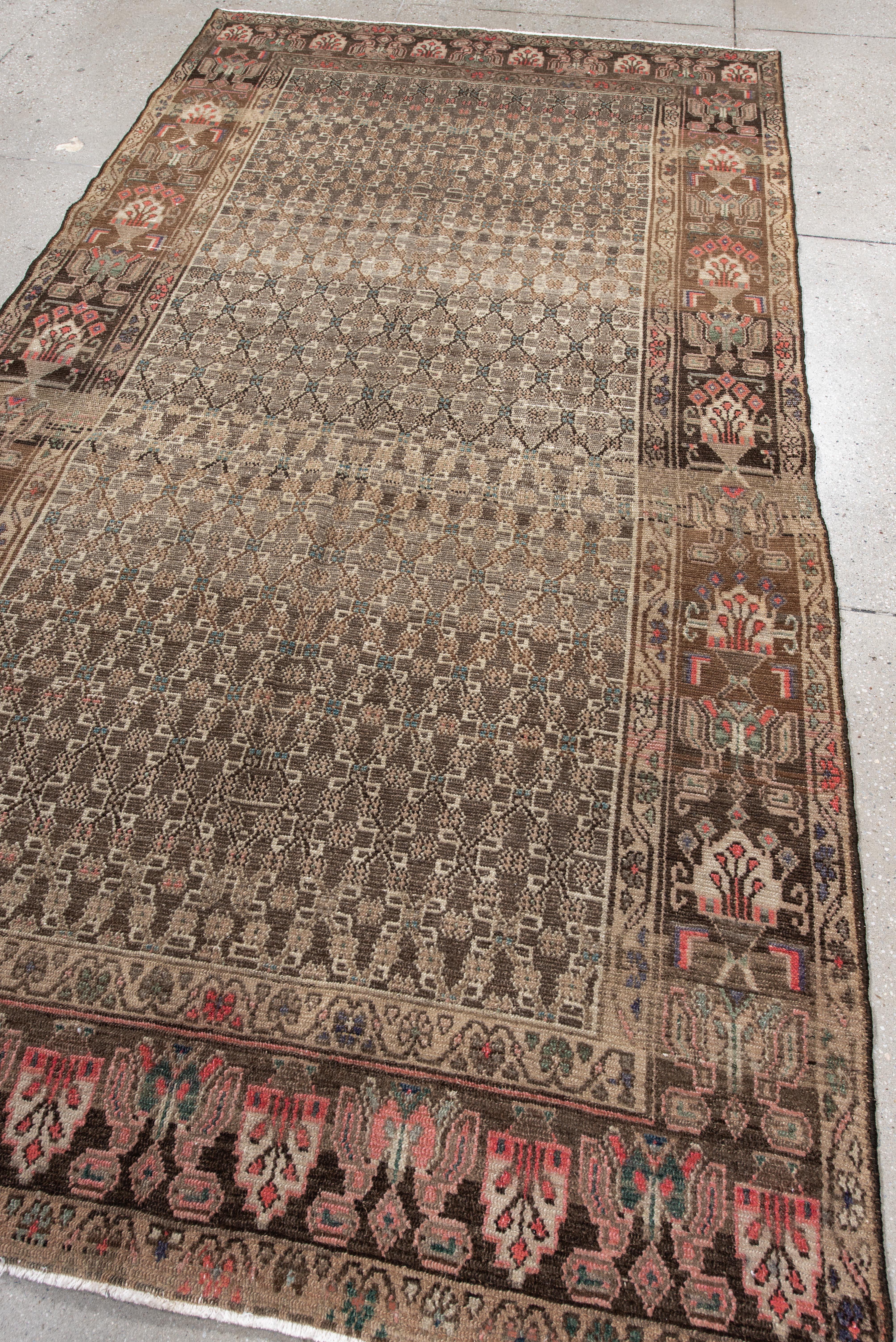 Vintage Hamadan Rug with Faded Mocha Field and Rosy Floral Border For Sale 2