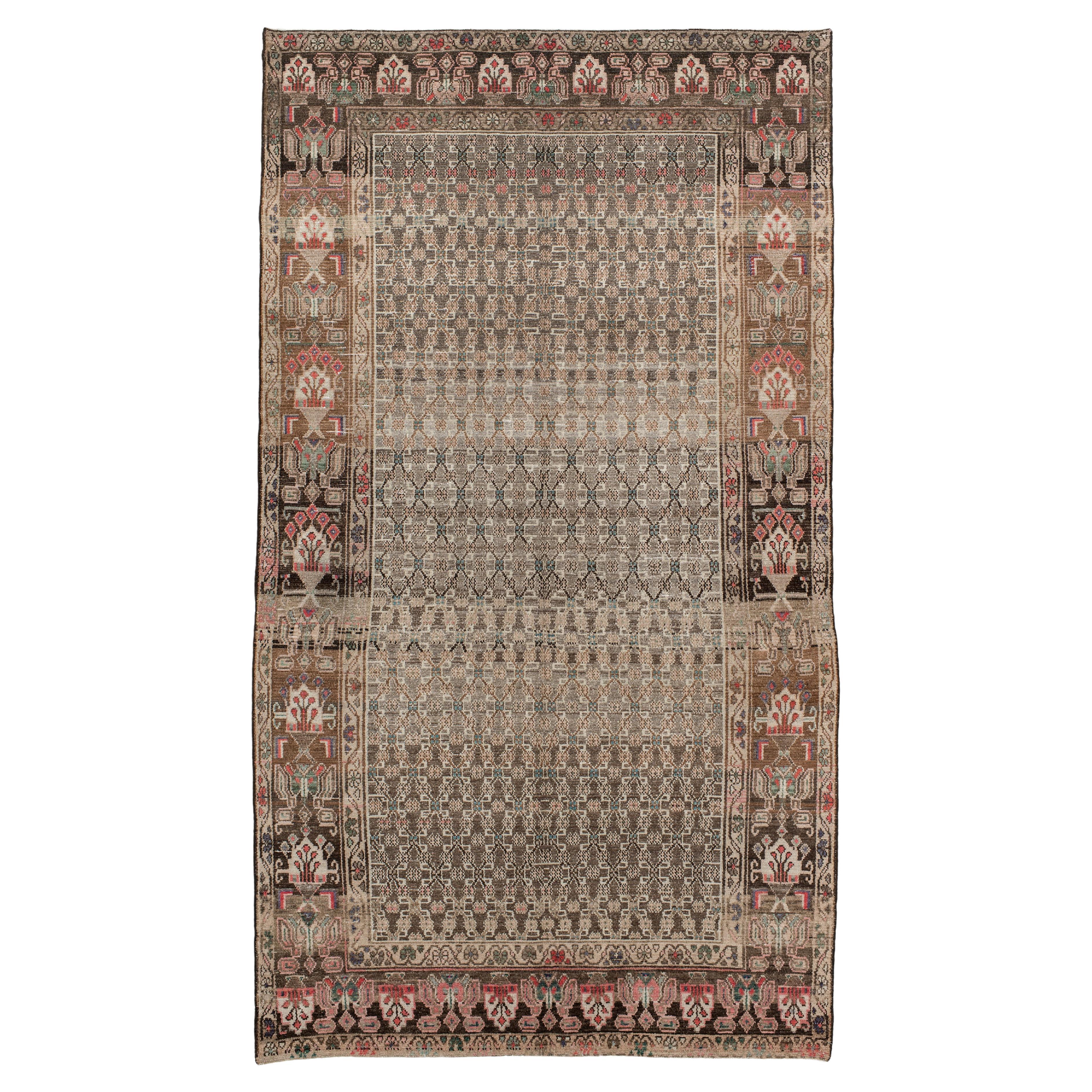 Vintage Hamadan Rug with Faded Mocha Field and Rosy Floral Border For Sale