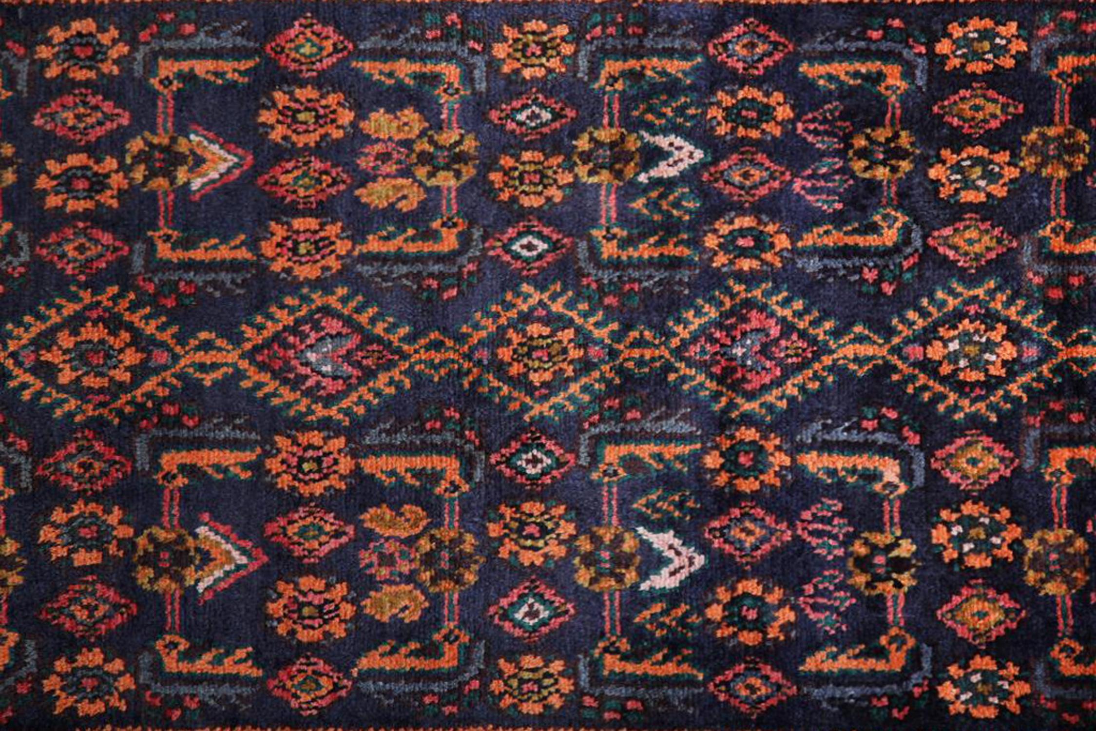 20th Century Vintage Hamedan Navy Blue Runner Rug, Handmade Rustic Runner For Sale