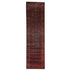 Tappeto vintage Hamedan blu navy, runner rustico fatto a mano