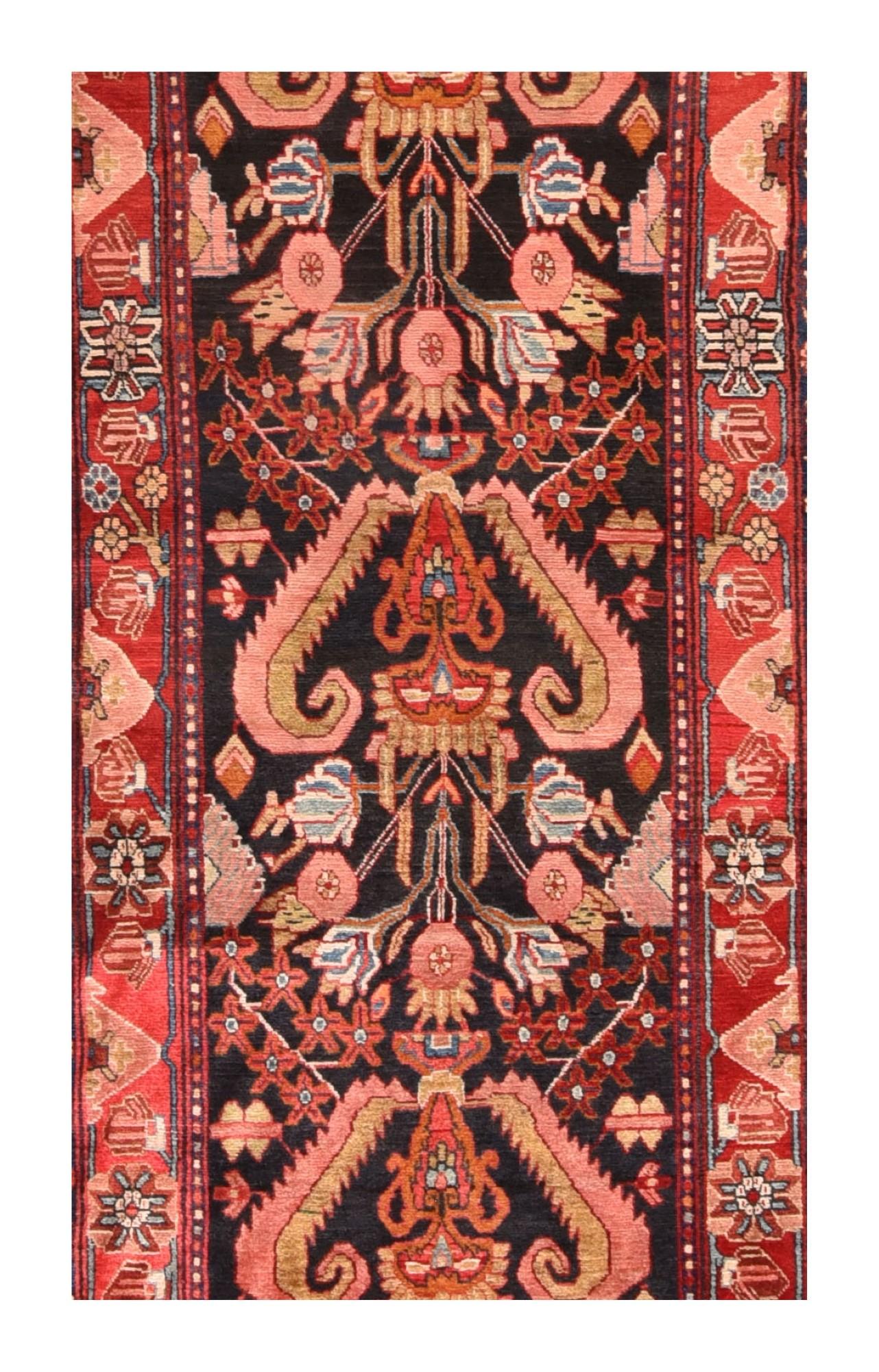 Vintage Hamedan Runner 3'6'' x 17'8'' In Good Condition For Sale In New York, NY