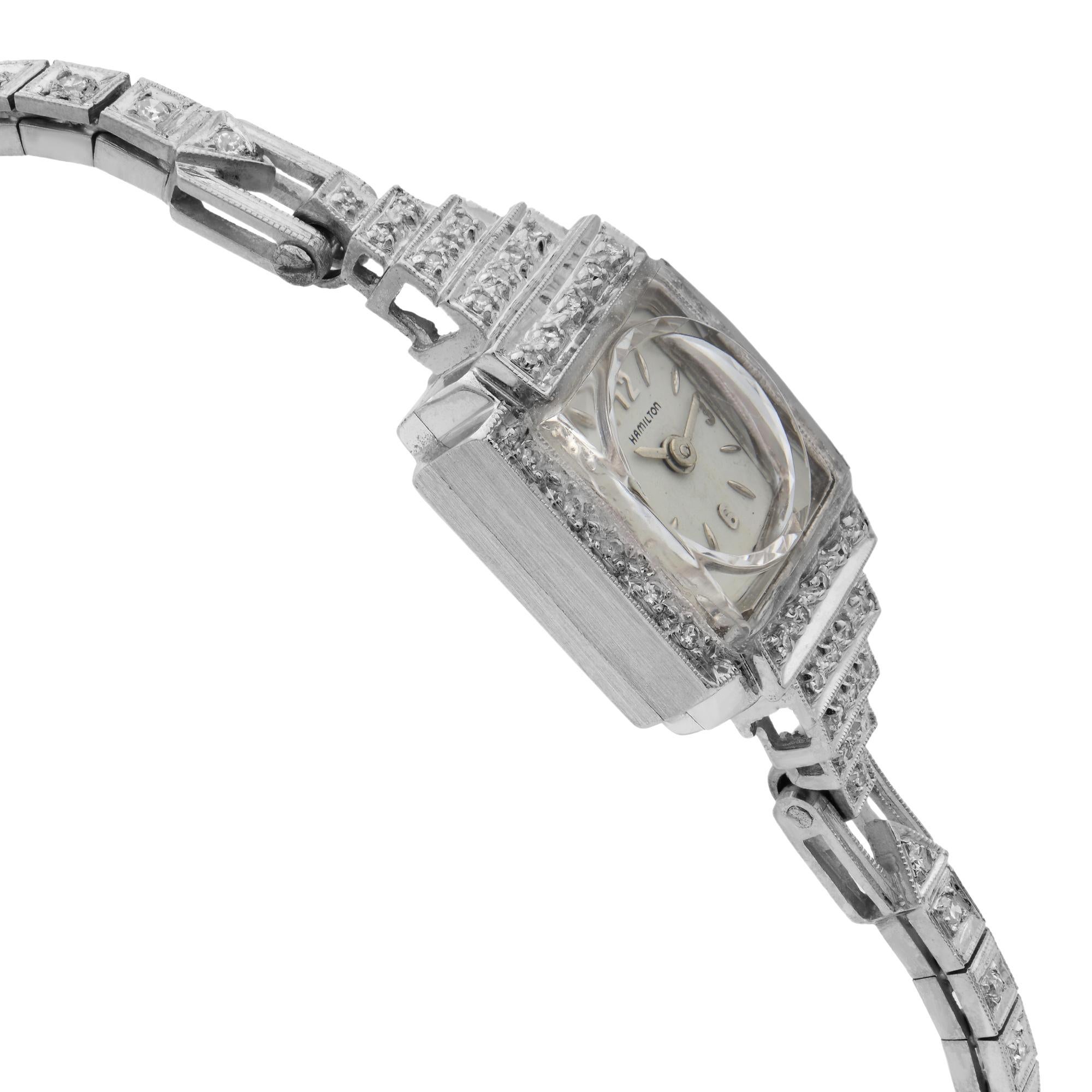 Donna Vintage Hamilton 14 Karat White Gold Silver Dial Quartz Ladies Bracelet Watch (Orologio da donna con bracciale) in vendita