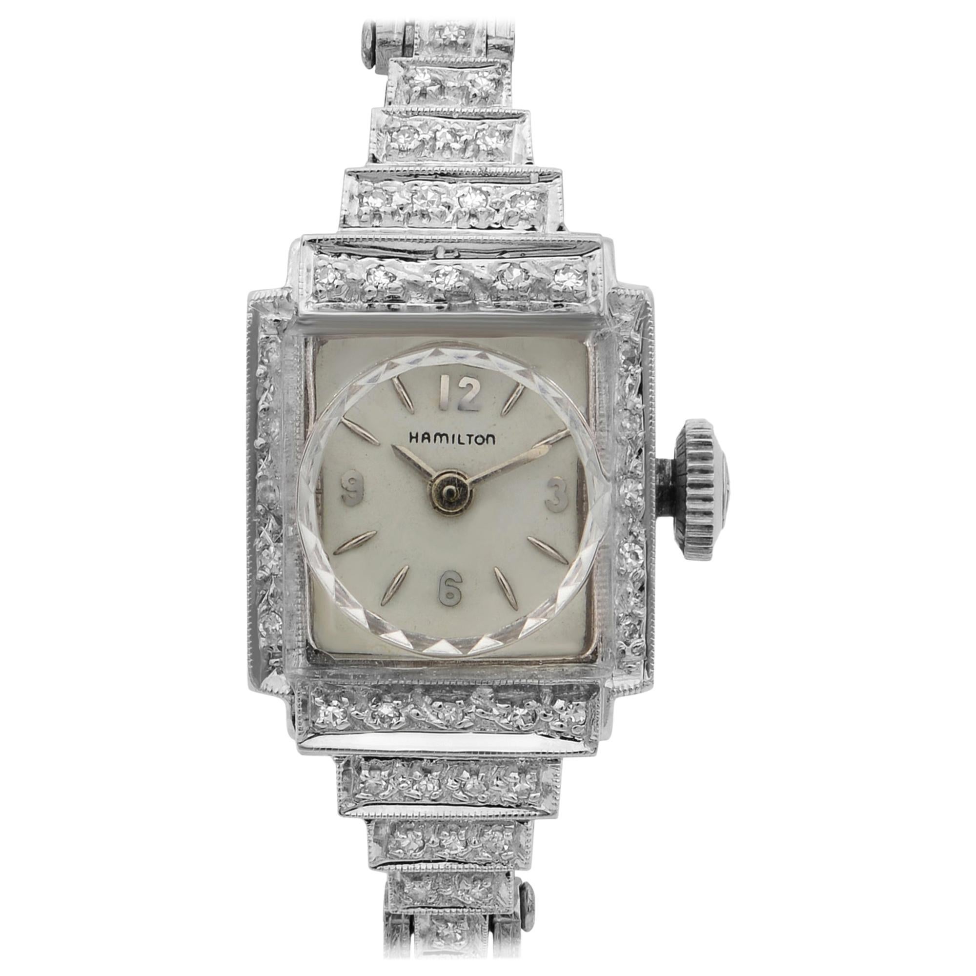 Hamilton Montre-bracelet vintage pour femme en or blanc 14 carats avec cadran en argent et quartz