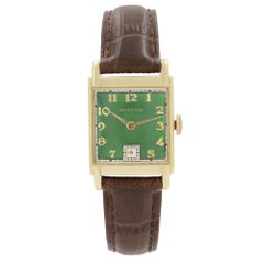 Vintage Hamilton 14k Gold Filled Custom Green Dial Brown Hand Wind Mens Watch