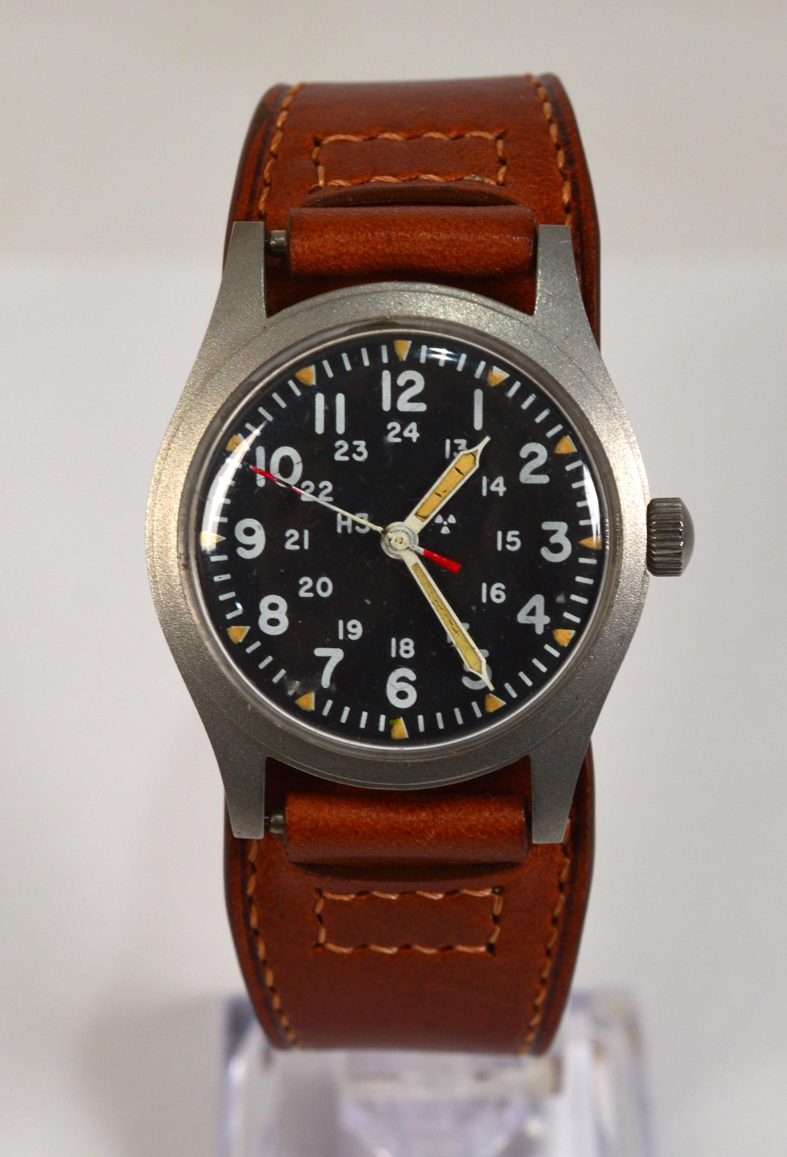 The Hamilton 6645 Steel US Army Wrist Watch was first introduced to military personnel during the Vietnam era.  The identical watch continued in production until February 1982. This watch has a 34mm satin steel case and is powered by a manual Swiss