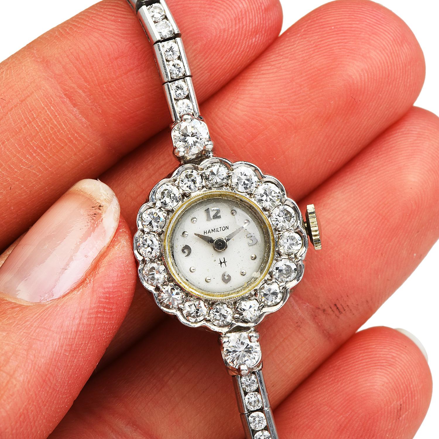 Damen-Cocktailuhr Hamilton, Vintage, Diamant Platin, Blumen-Halo, Diamant 1
