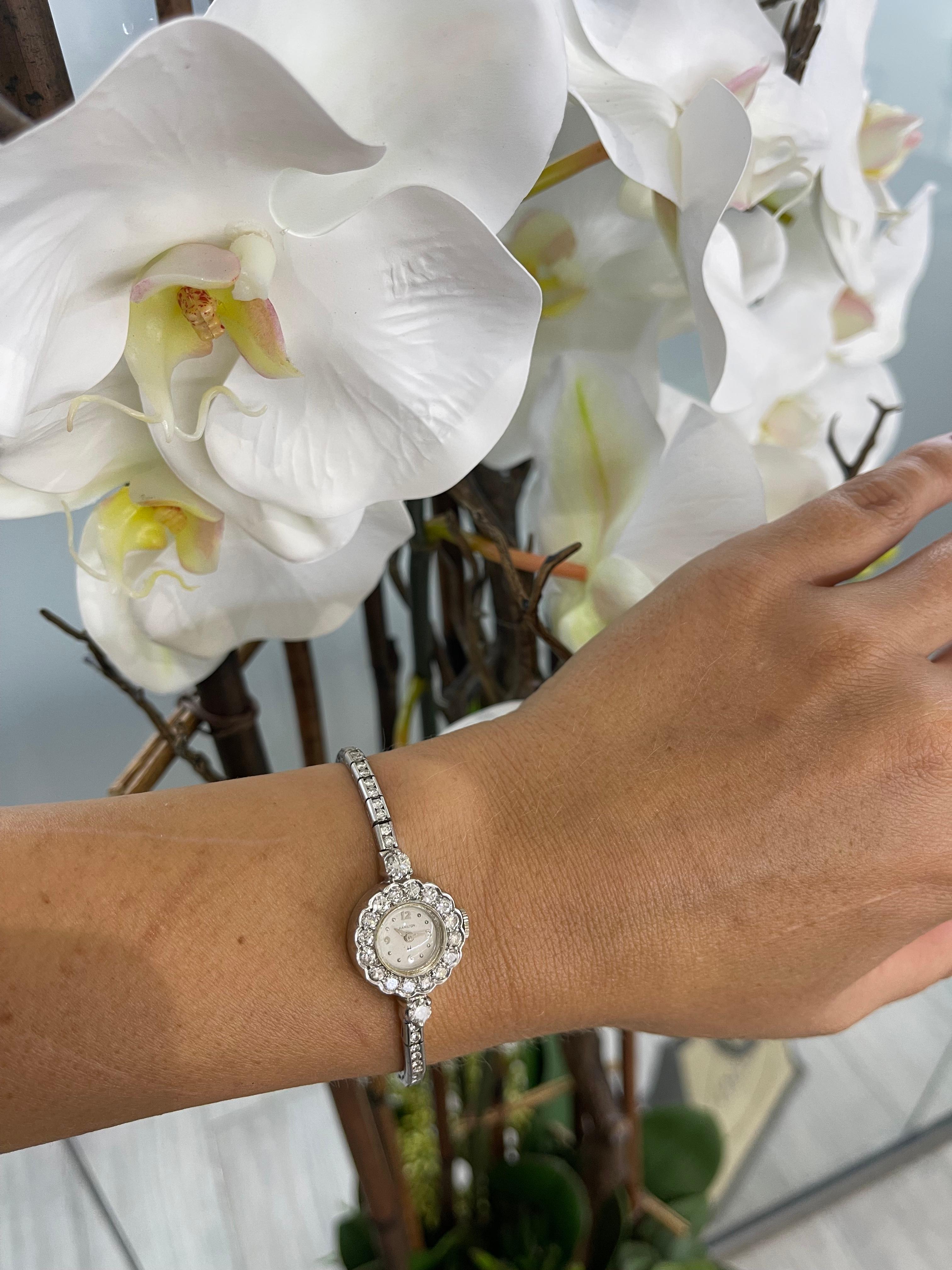 Damen-Cocktailuhr Hamilton, Vintage, Diamant Platin, Blumen-Halo, Diamant 2