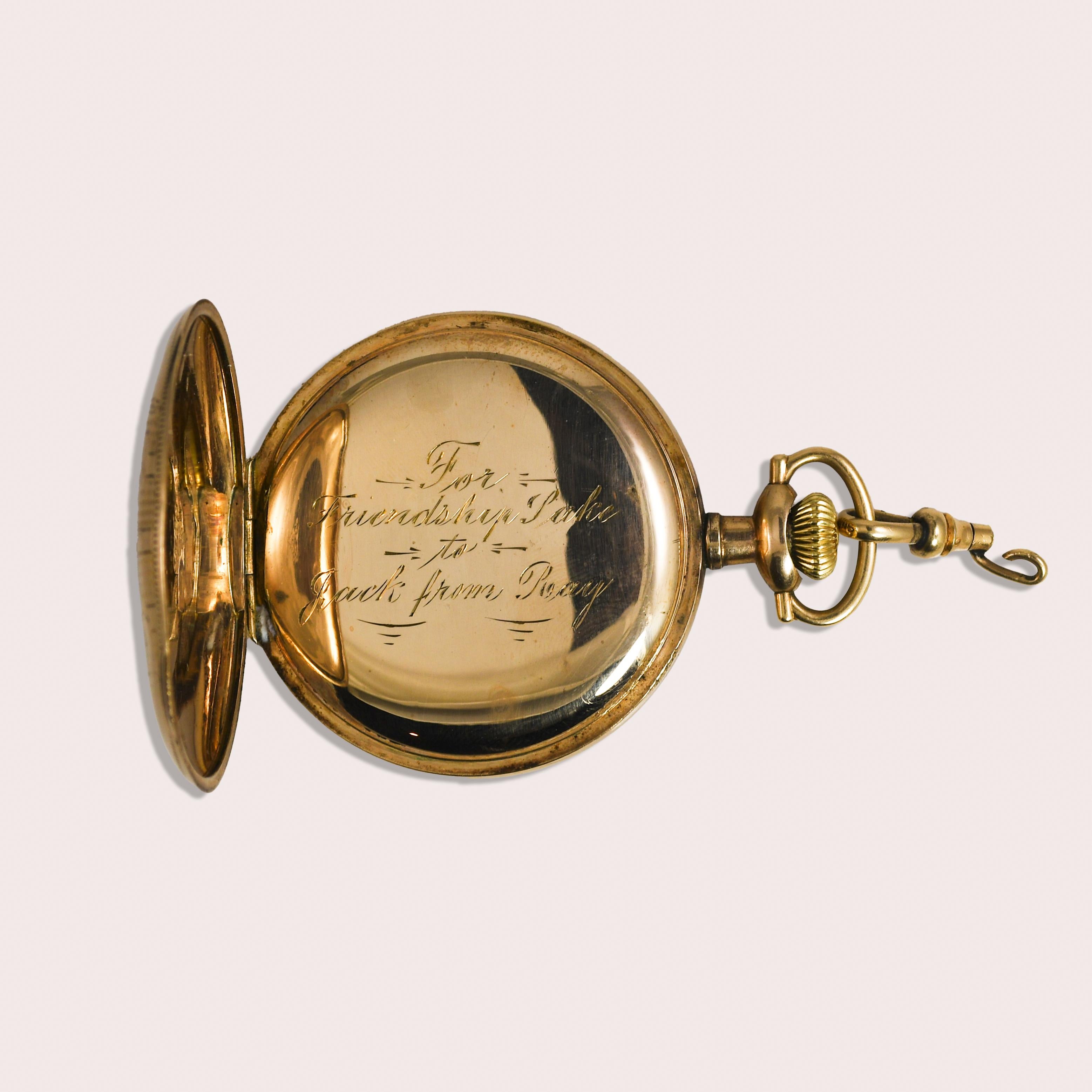 Hamilton pocket watch, gold-filled hunting case.
25 year guaranteed stamped inside case. Size 16, 17 jewels, 3/4 plate.
The time is lever set. Very clean movement.
The serial number is 872656, made in 1911.
The inside of the case has some personal
