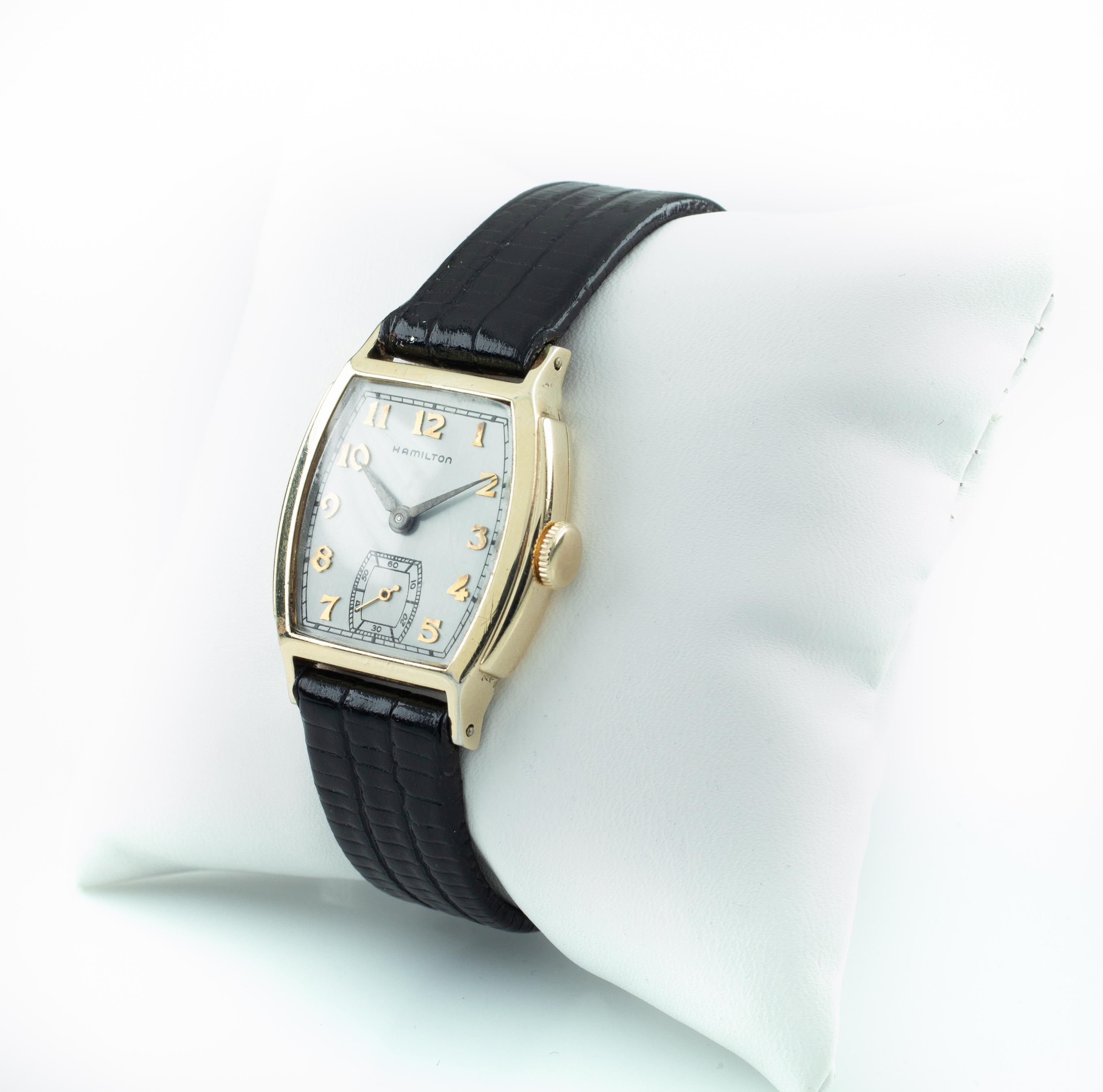Vintage Hamilton Gold-Filled Tonneau Watch with Black Leather Band In Good Condition For Sale In Van Nuys, CA