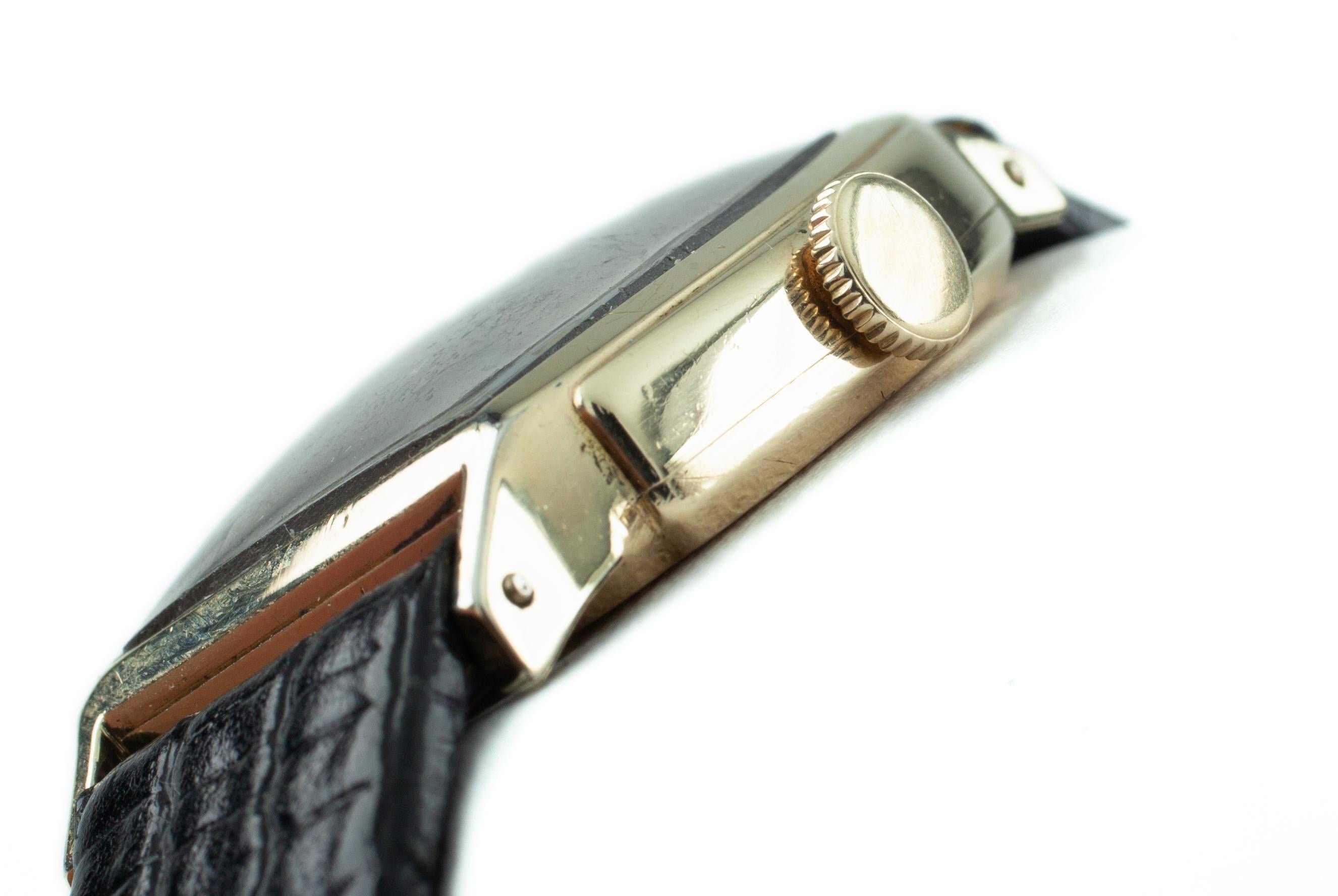Women's or Men's Vintage Hamilton Gold-Filled Tonneau Watch with Black Leather Band For Sale