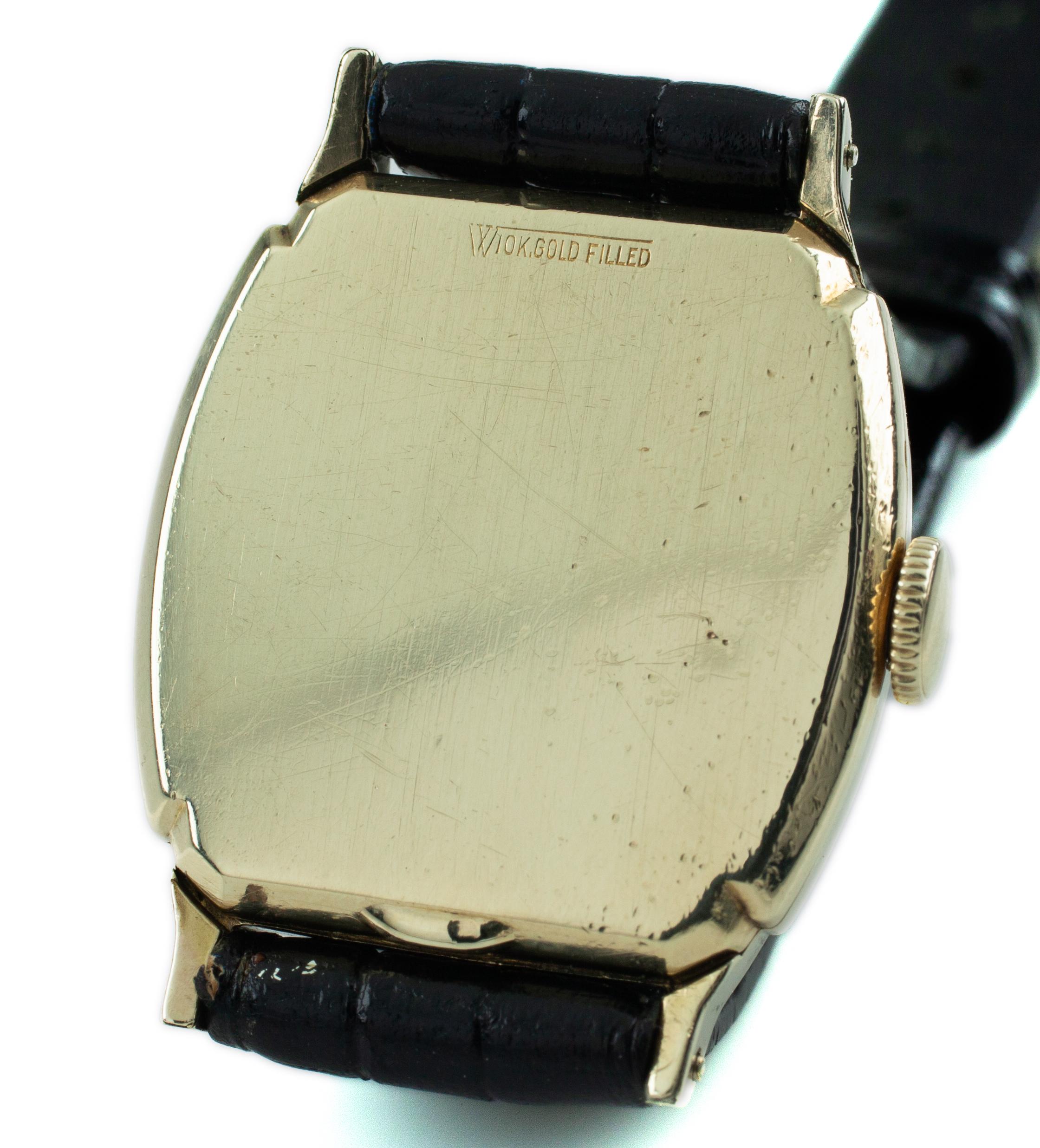 Vintage Hamilton Gold-Filled Tonneau Watch with Black Leather Band For Sale 1