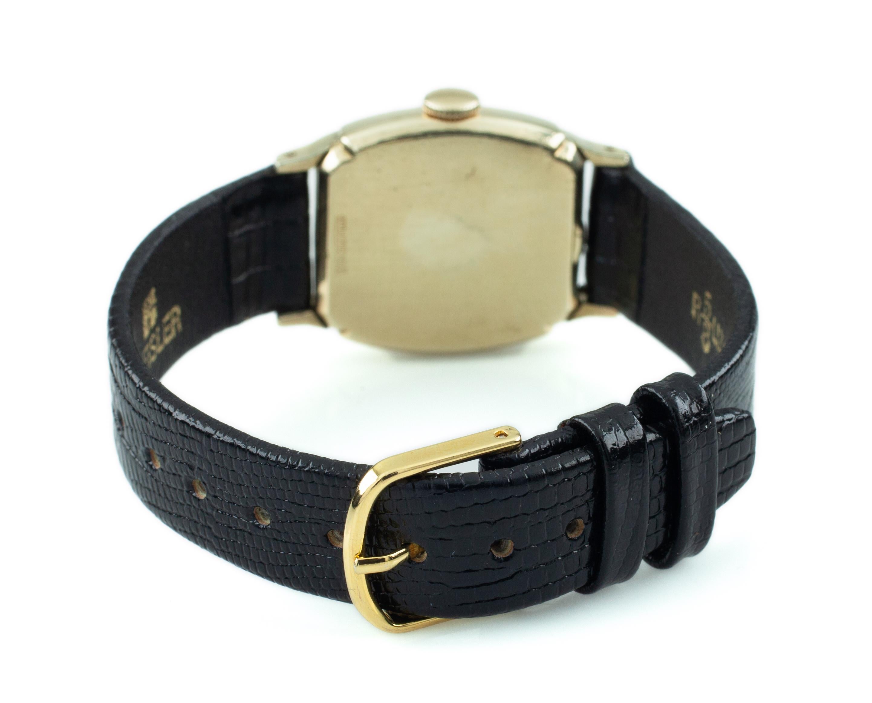 Vintage Hamilton Gold-Filled Tonneau Watch with Black Leather Band For Sale 2
