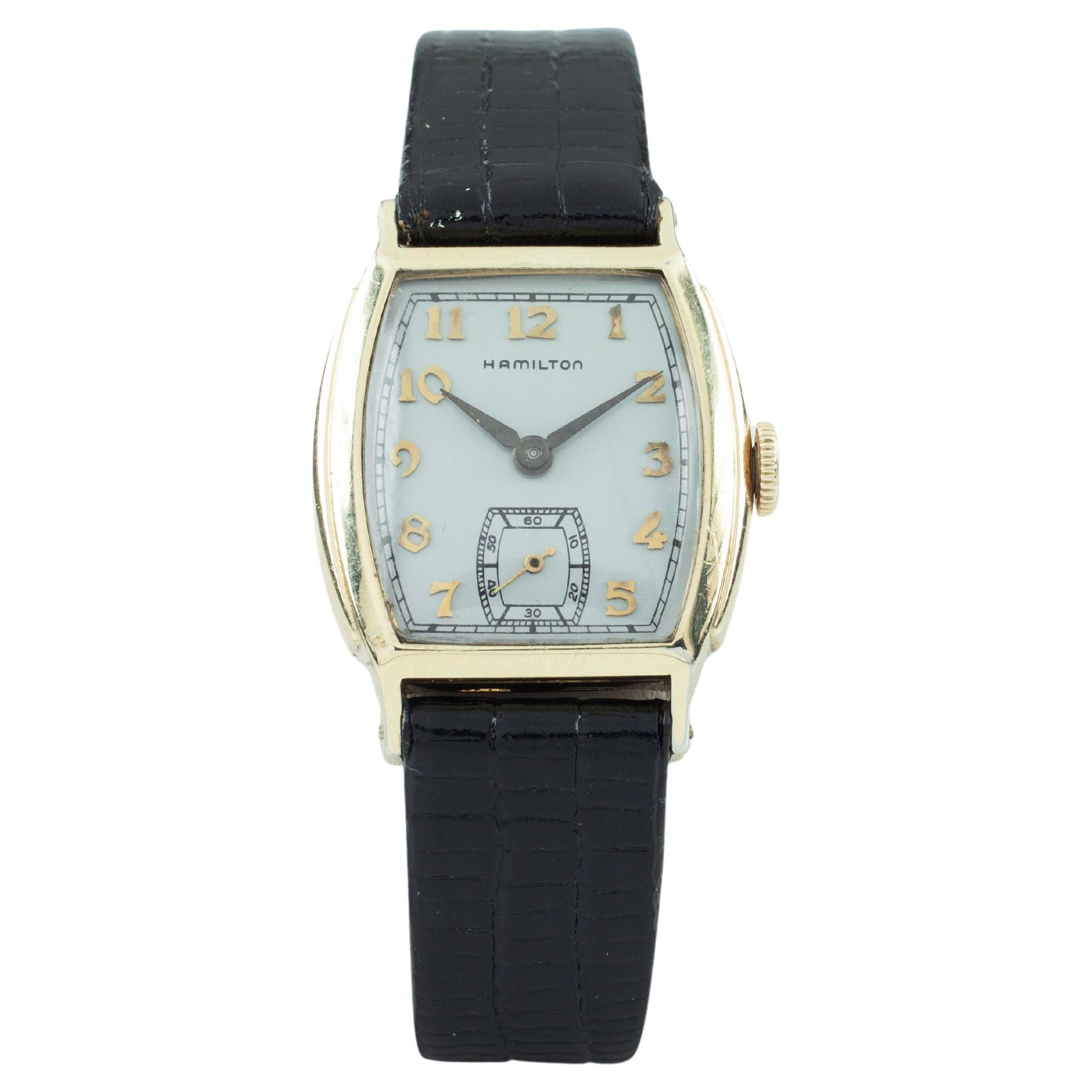 Vintage Hamilton Gold-Filled Tonneau Watch with Black Leather Band