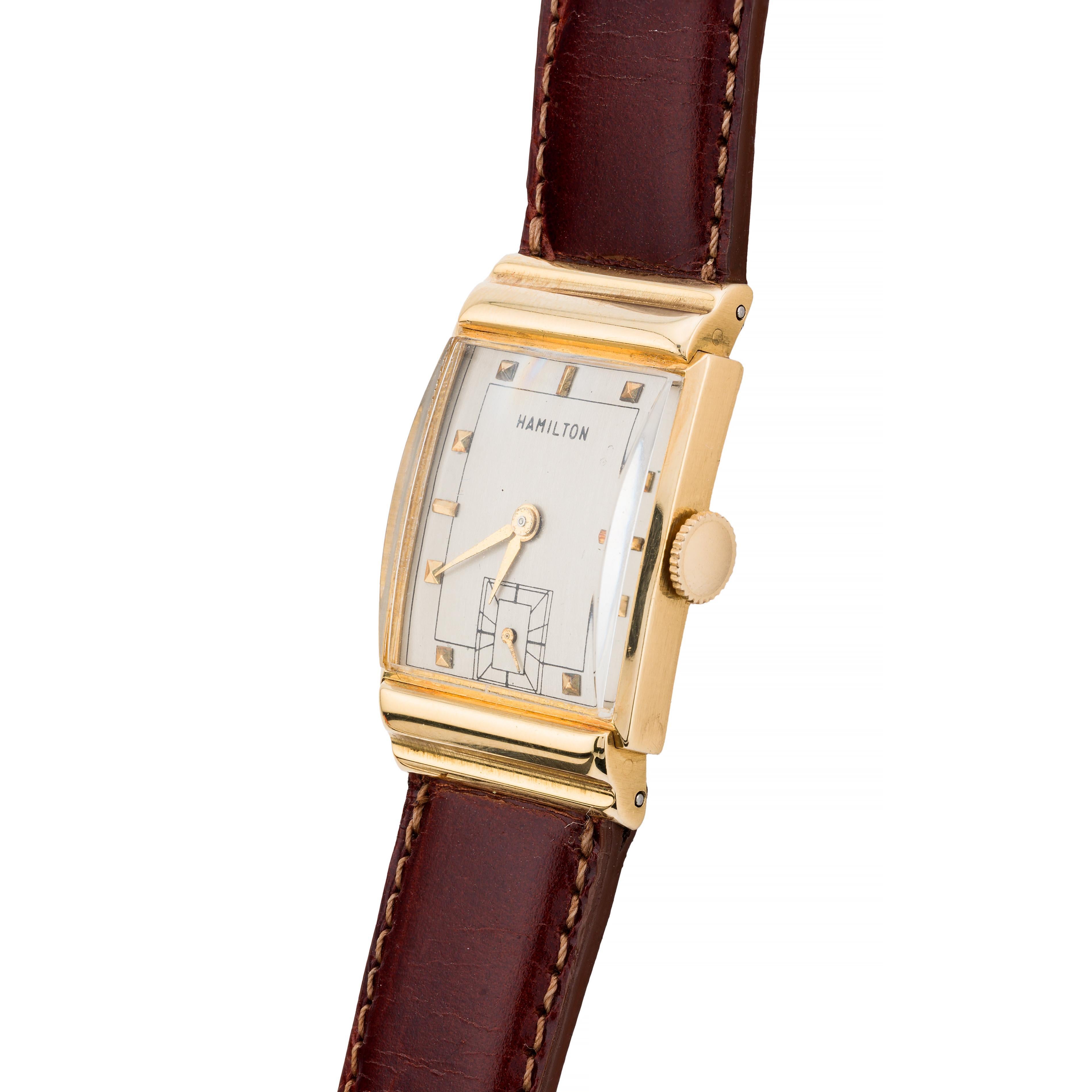Vintage Hamilton Gordon 18 Karat Gold Tank Shaped Mens Wrist Watch In Excellent Condition In Boston, MA