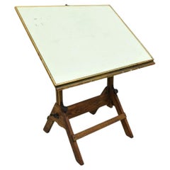 Vintage Hamilton Industrial Oak Wood and Cast Iron Adjustable Drafting Table