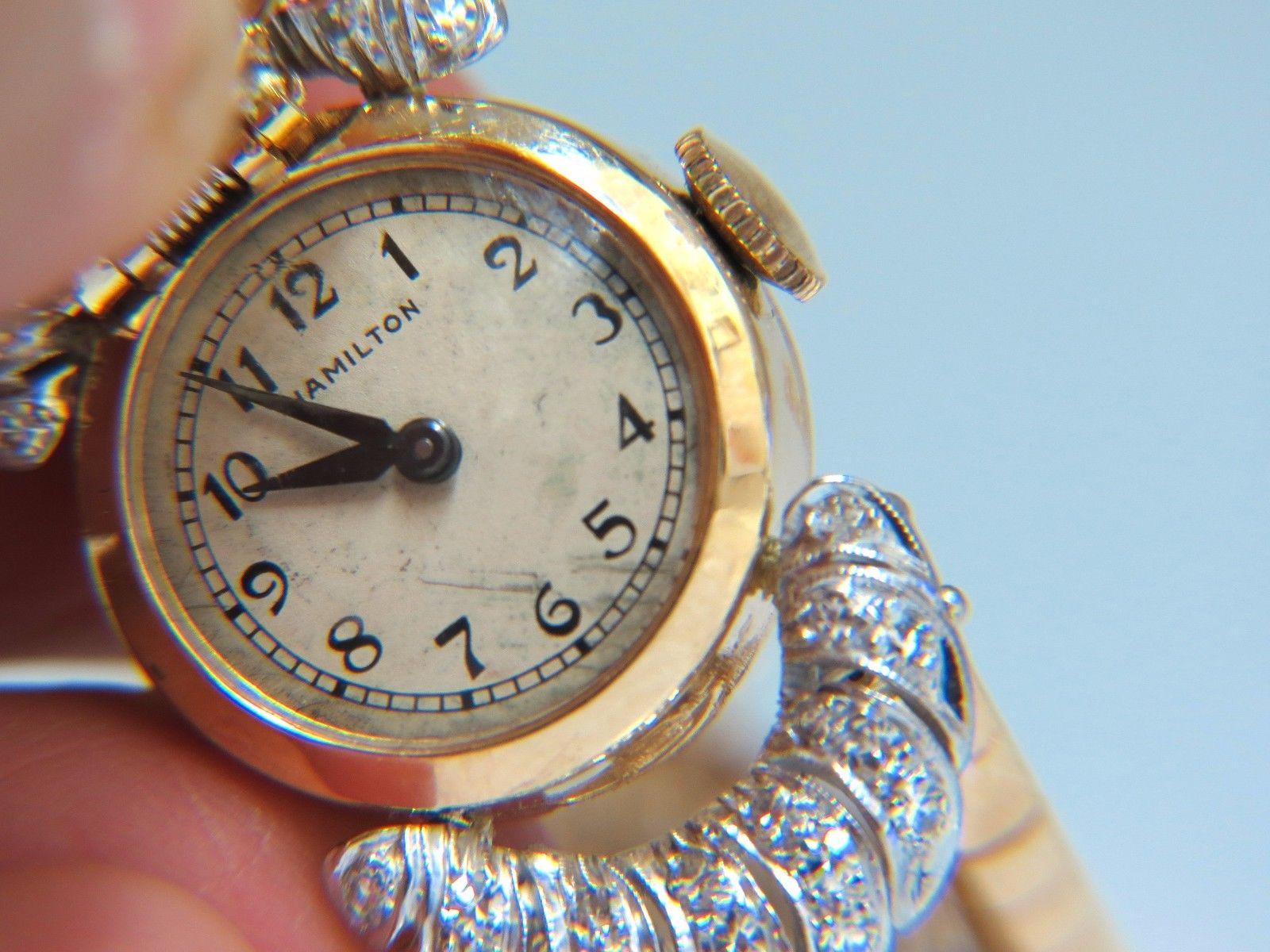 Vintage Hamilton Ladies Diamond Watch 14 Karat. 1.00 Carat Diamonds In Excellent Condition In New York, NY