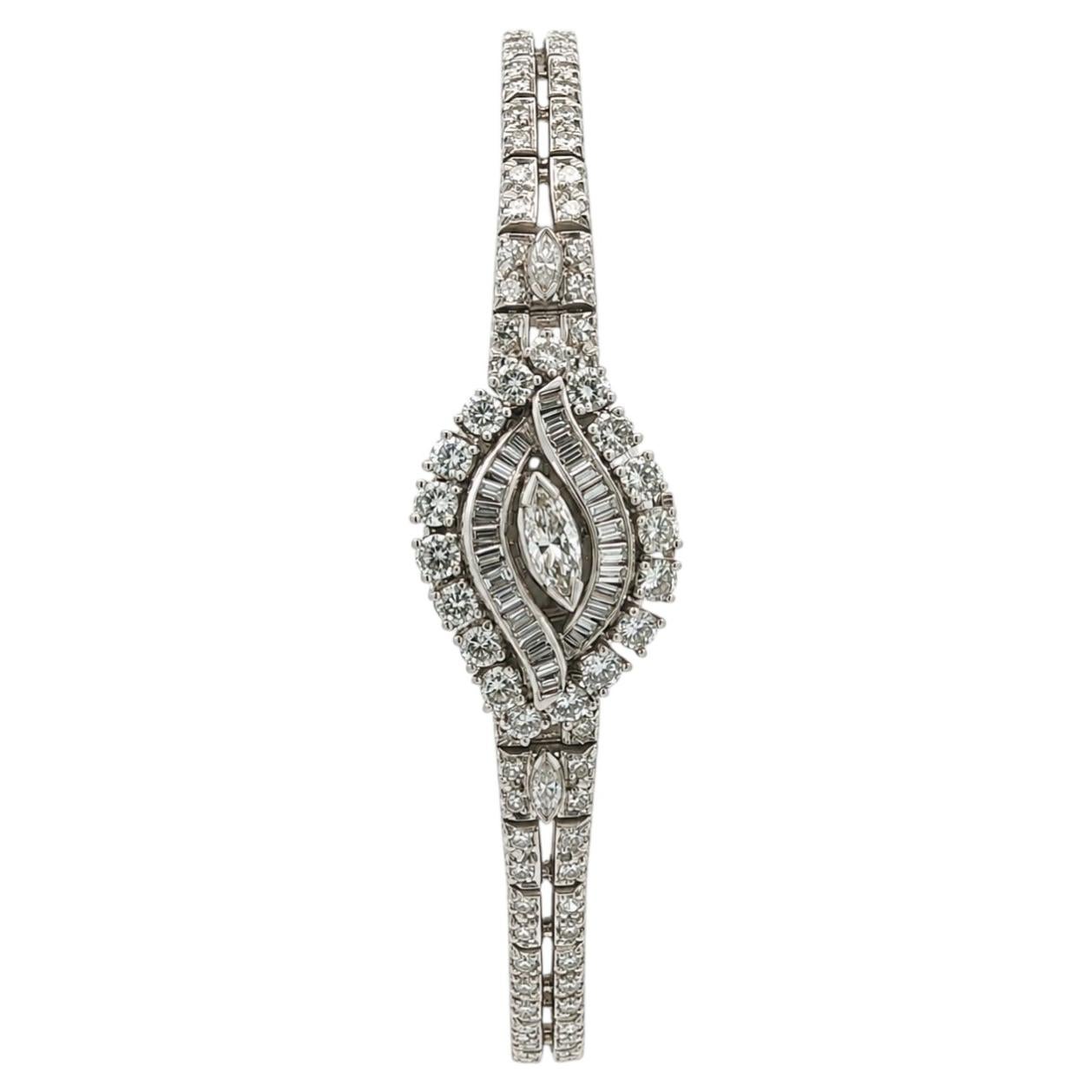 Pre-owned Hamilton Vintage  Platinum 4.45ct Marquise Baguette Diamond Hidden Watch Bracelet In Multiple