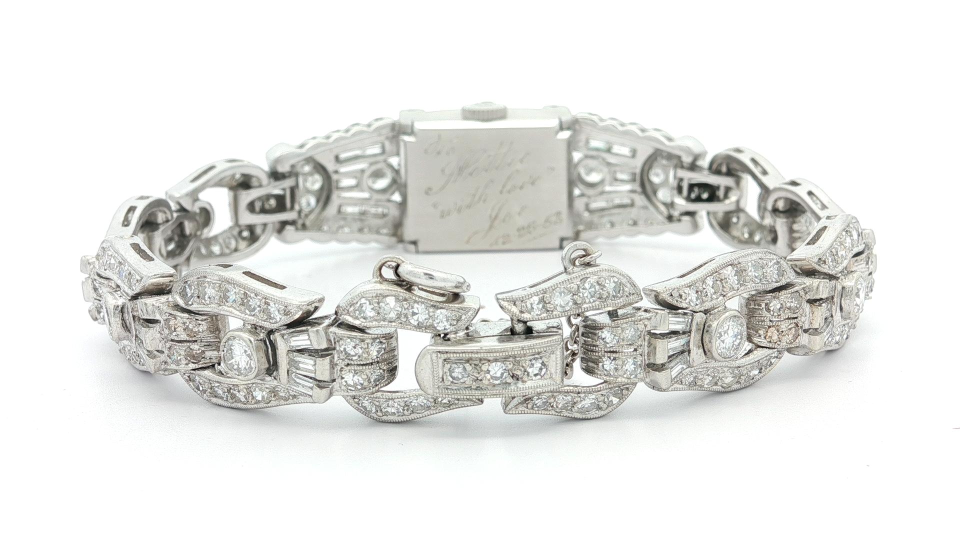 Vintage Hamilton Platin 7,86ctw Runde & Baguette Diamant versteckte Uhr Armband im Angebot 6