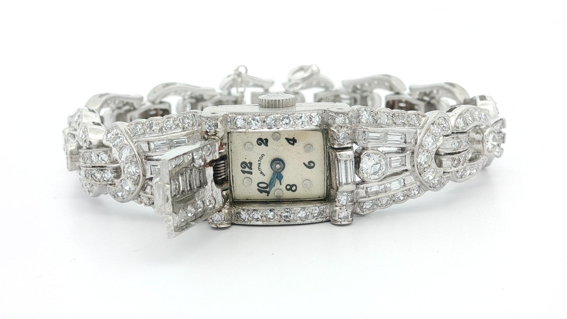 Vintage Hamilton Platin 7,86ctw Runde & Baguette Diamant versteckte Uhr Armband im Angebot 10