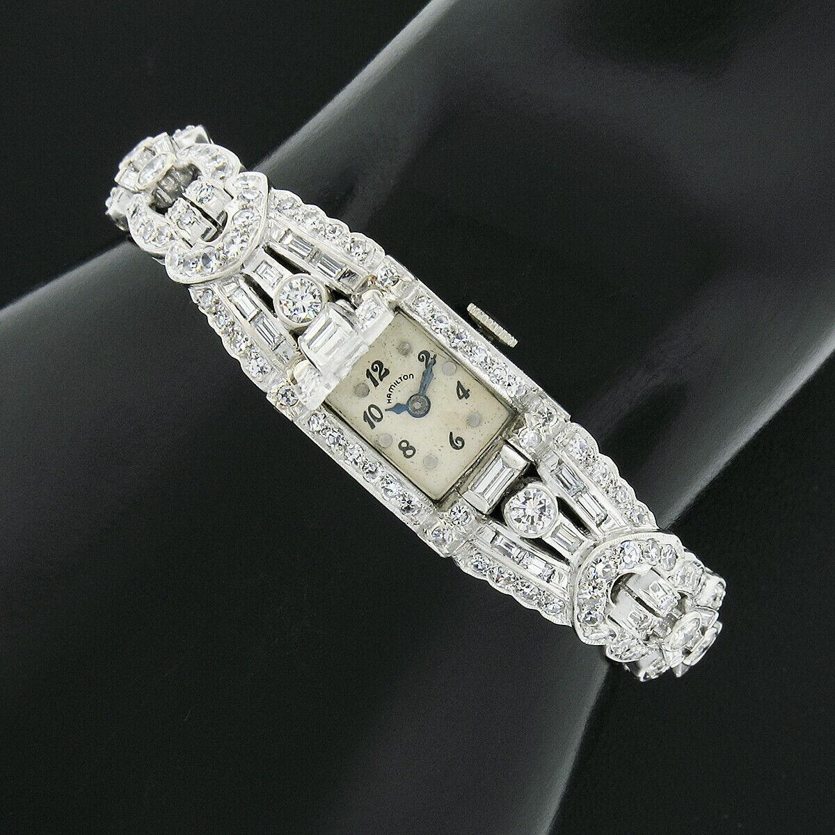 Vintage Hamilton Platinum Round & Baguette 6.70ctw Diamond Hidden Watch Bracelet 3