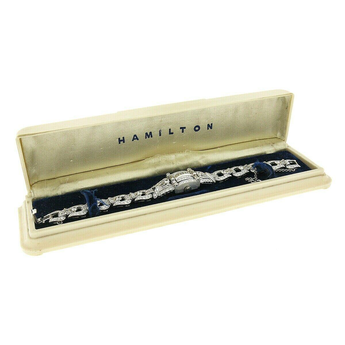 Vintage Hamilton Platinum Round & Baguette 6.70ctw Diamond Hidden Watch Bracelet 4
