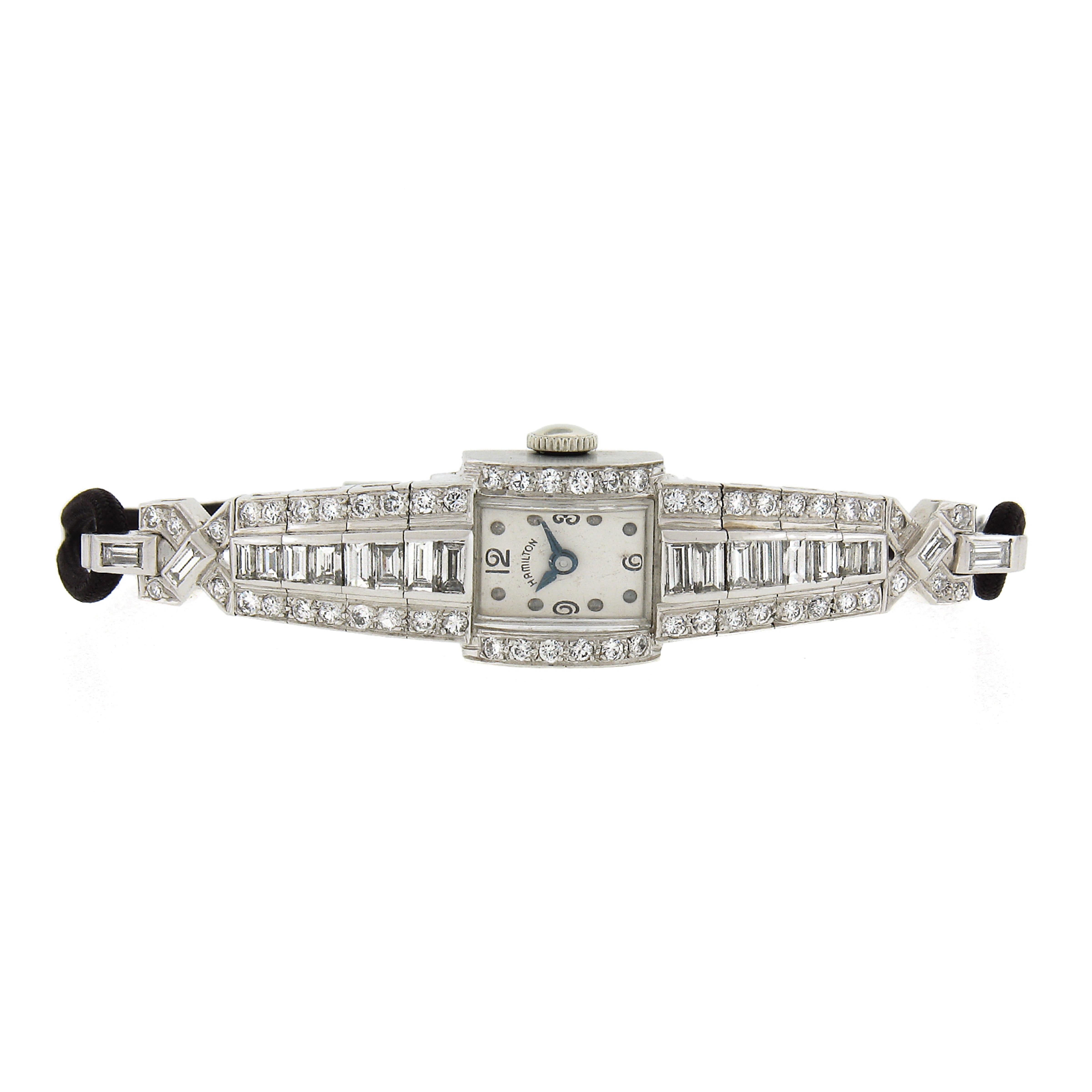 Vintage Hamilton Platinum Tapered Baguette Round Diamond Fancy Dress Wrist Watch In Excellent Condition For Sale In Montclair, NJ
