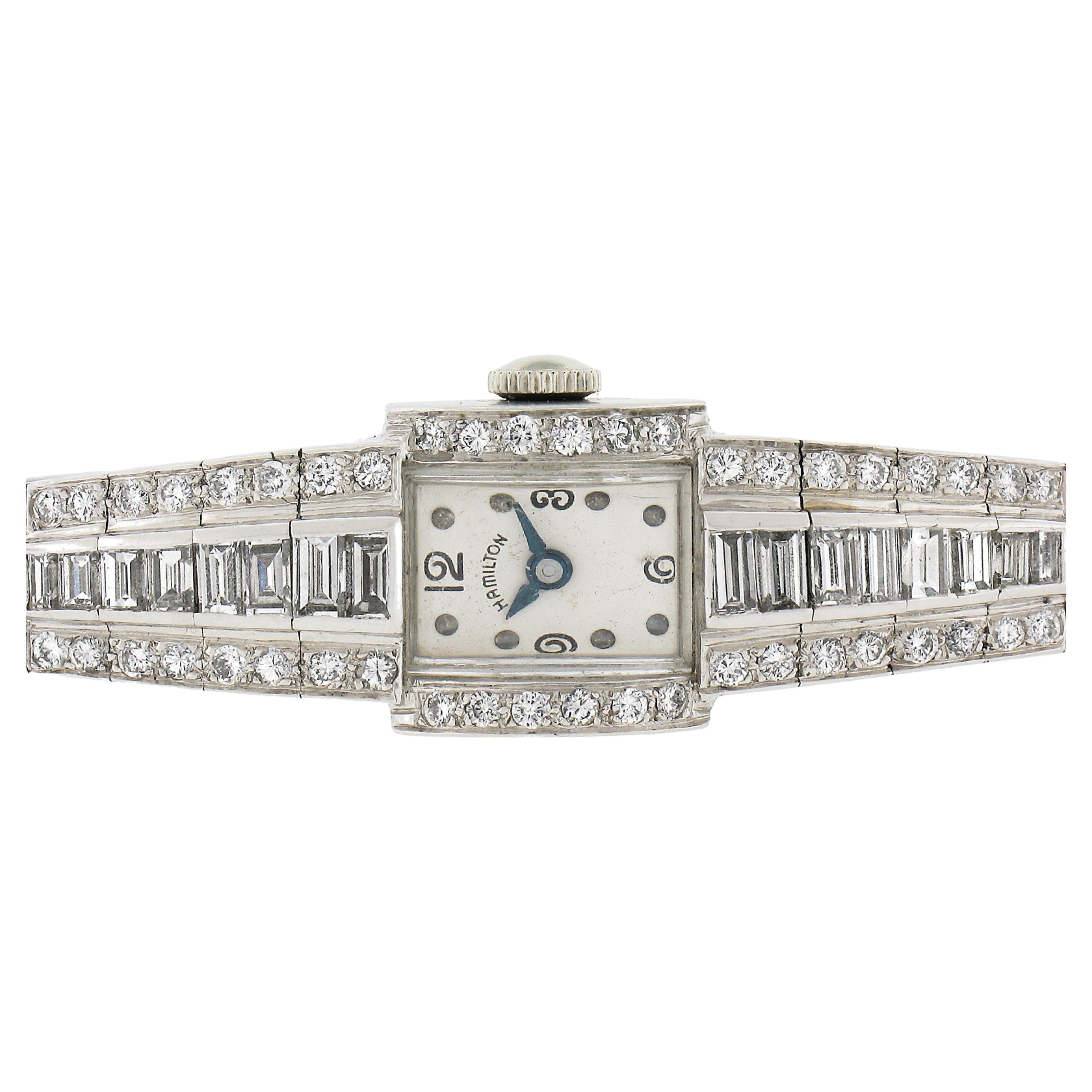 Vintage Hamilton Platinum Tapered Baguette Round Diamond Fancy Dress Wrist Watch For Sale