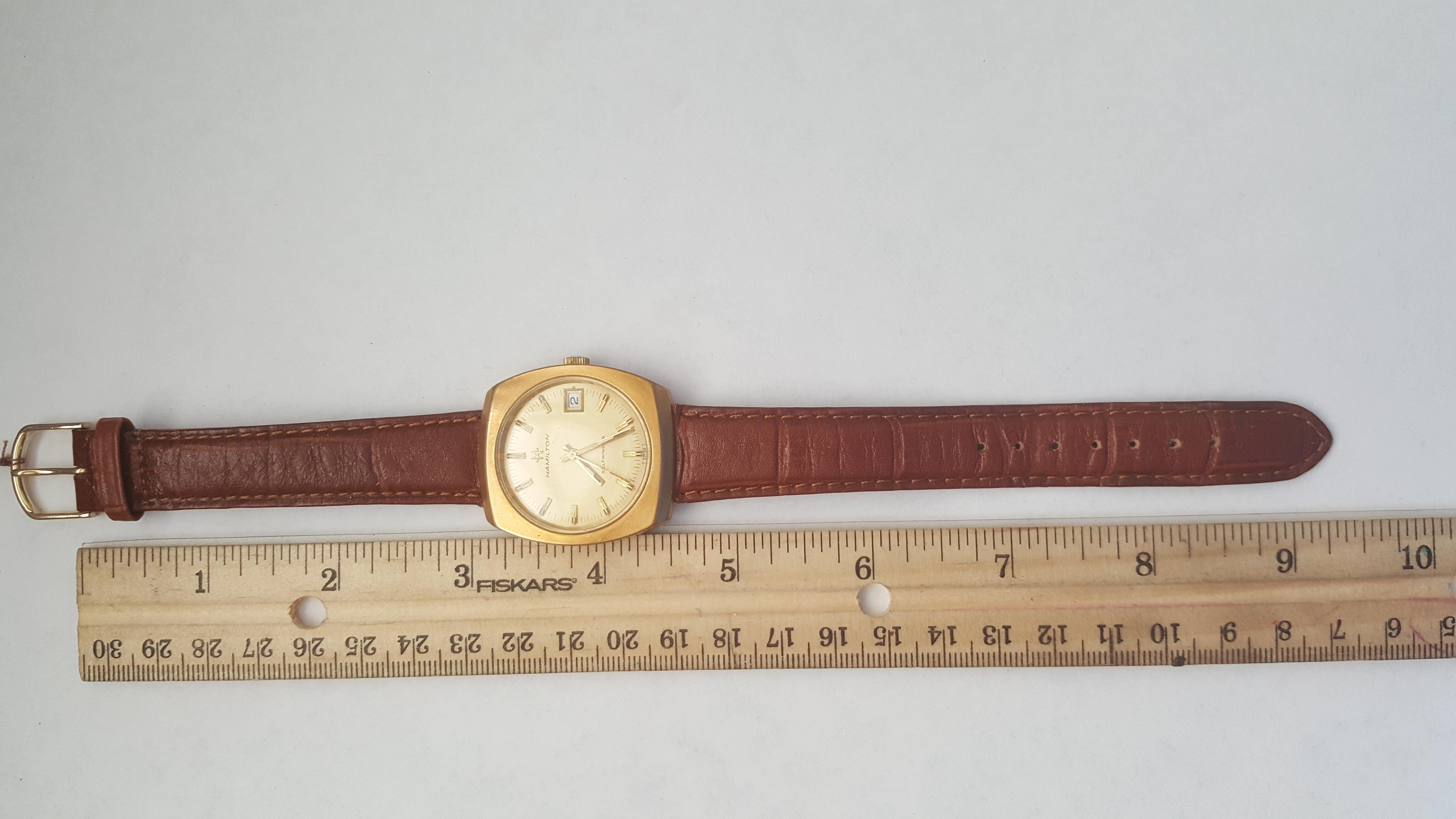 Hamilton Watch 1960s 14 Karat Gold Filled Self Winding Swiss Leather Band In Good Condition In Rancho Santa Fe, CA