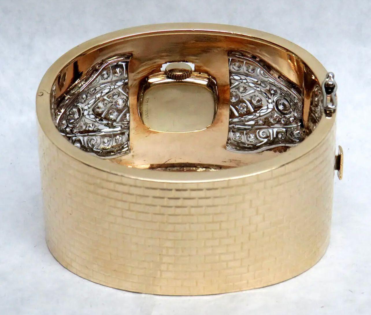 Vintage Hamilton Watch in 14k Gold and Diamond Cuff Bracelet, 1950s  In Good Condition For Sale In New York, NY