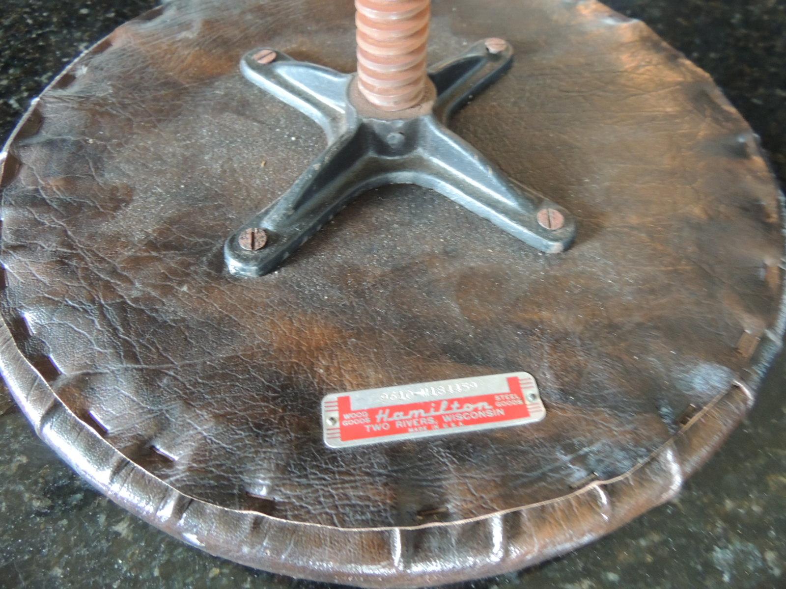 Hand-Crafted Vintage Hamilton Wood and Iron Industrial Rolling Swivel Stool