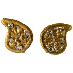 Vintage Hammed Gold Jeweled Paisley Earrings 