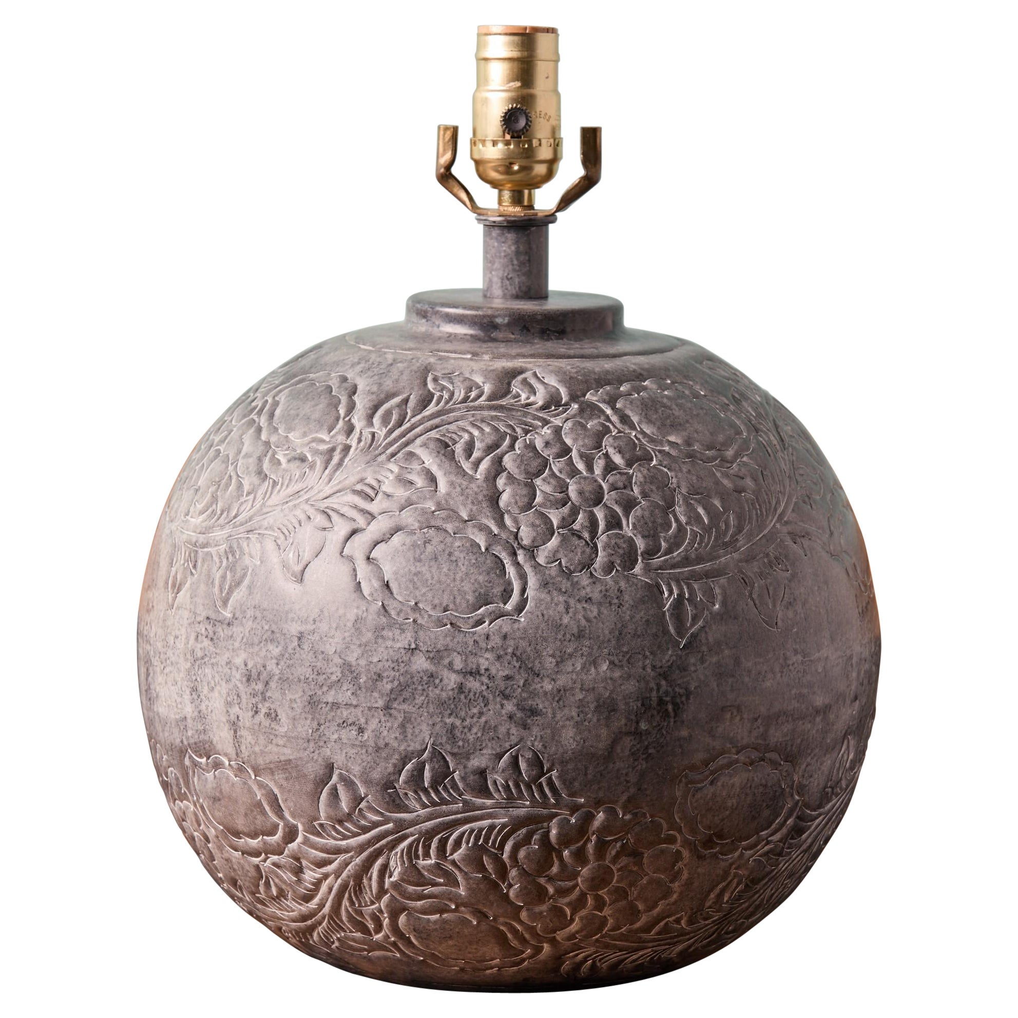 Vintage Hammered and Tooled Nickel Plated Brass Repoussé Lamp For Sale