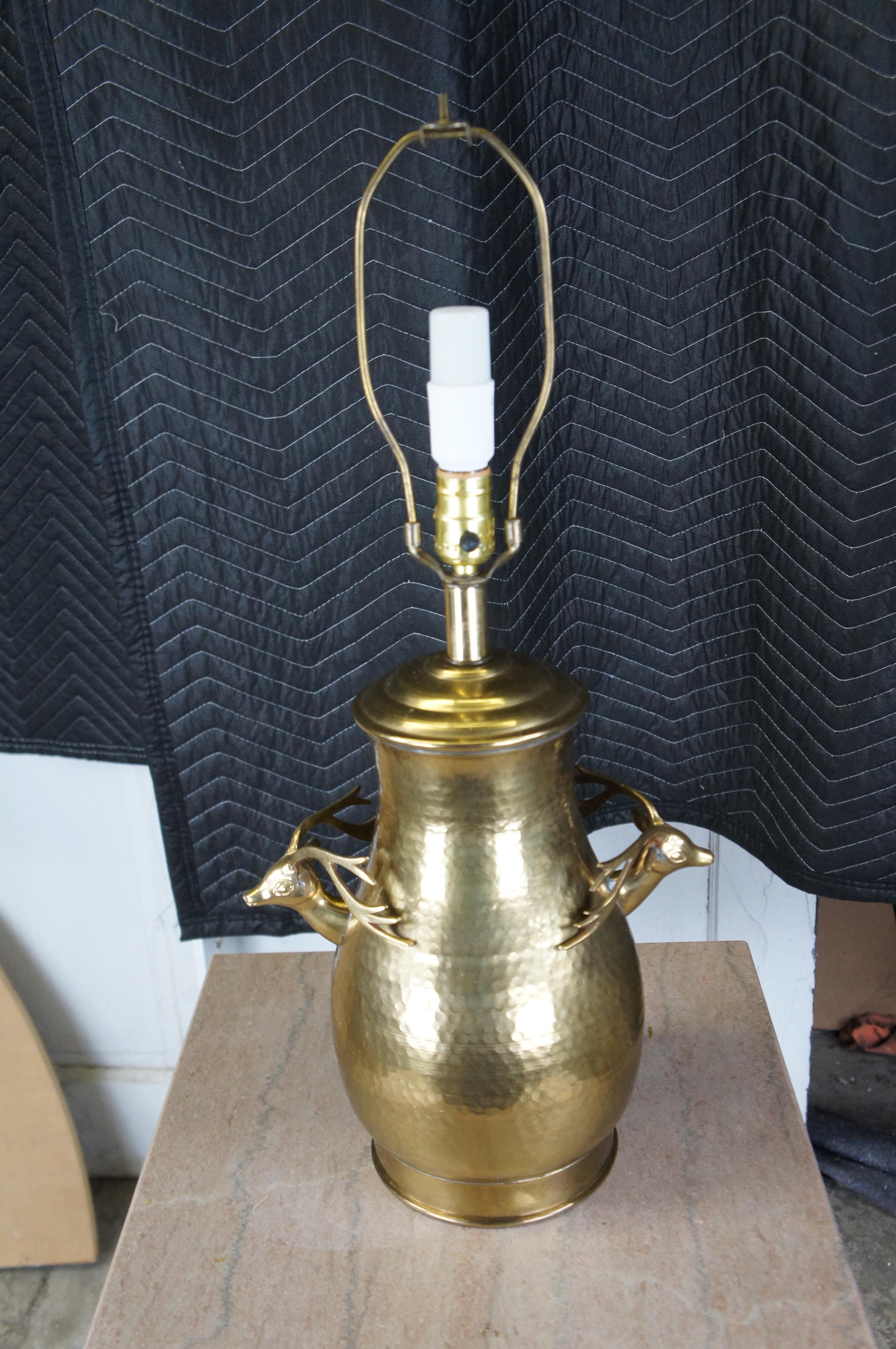 Vintage Hammered Brass Deer Stag Head Handled Urn Vase Table Lamp & Shade 27