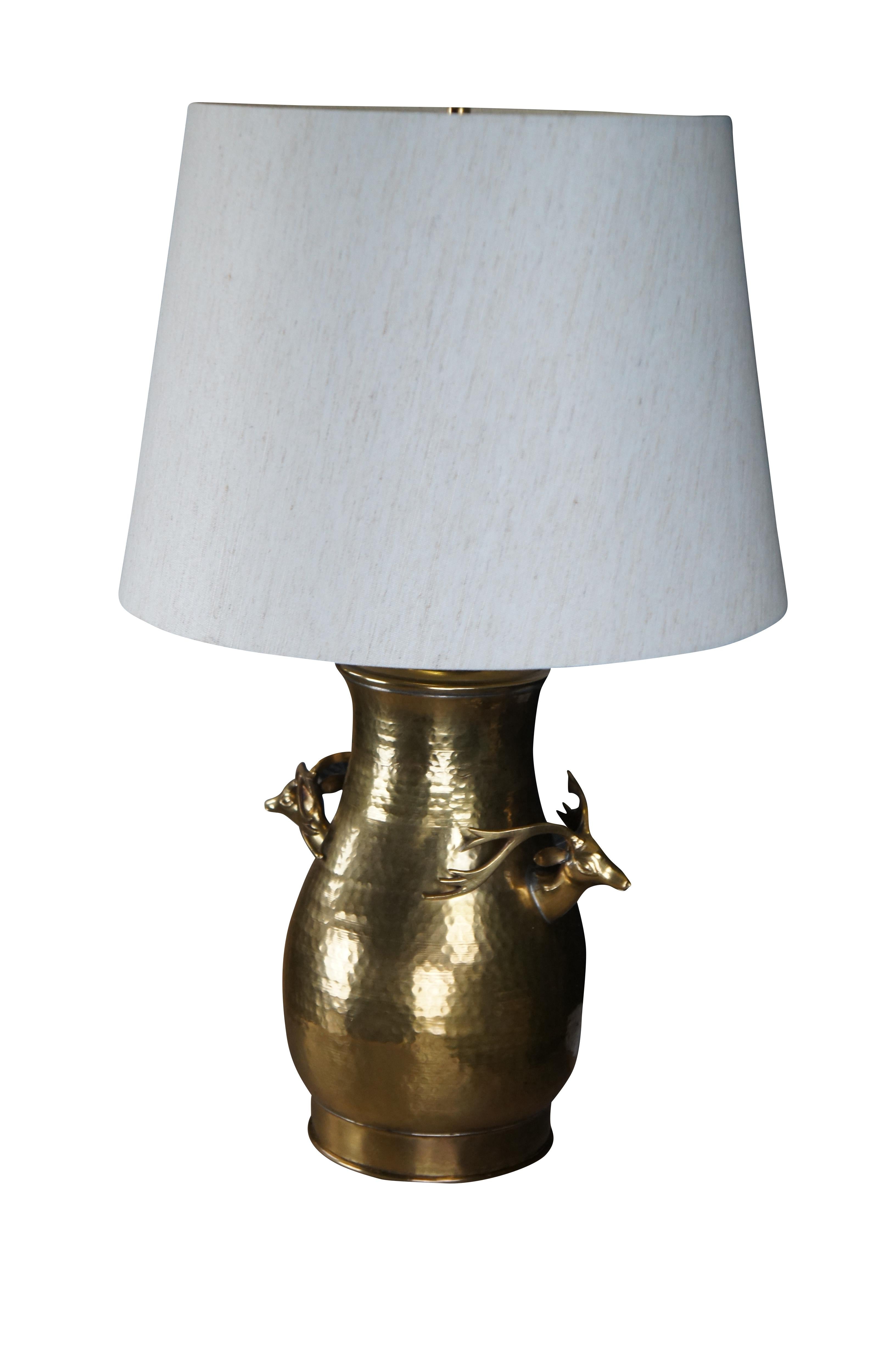 Hollywood Regency Vintage Hammered Brass Deer Stag Head Handled Urn Vase Table Lamp & Shade 27