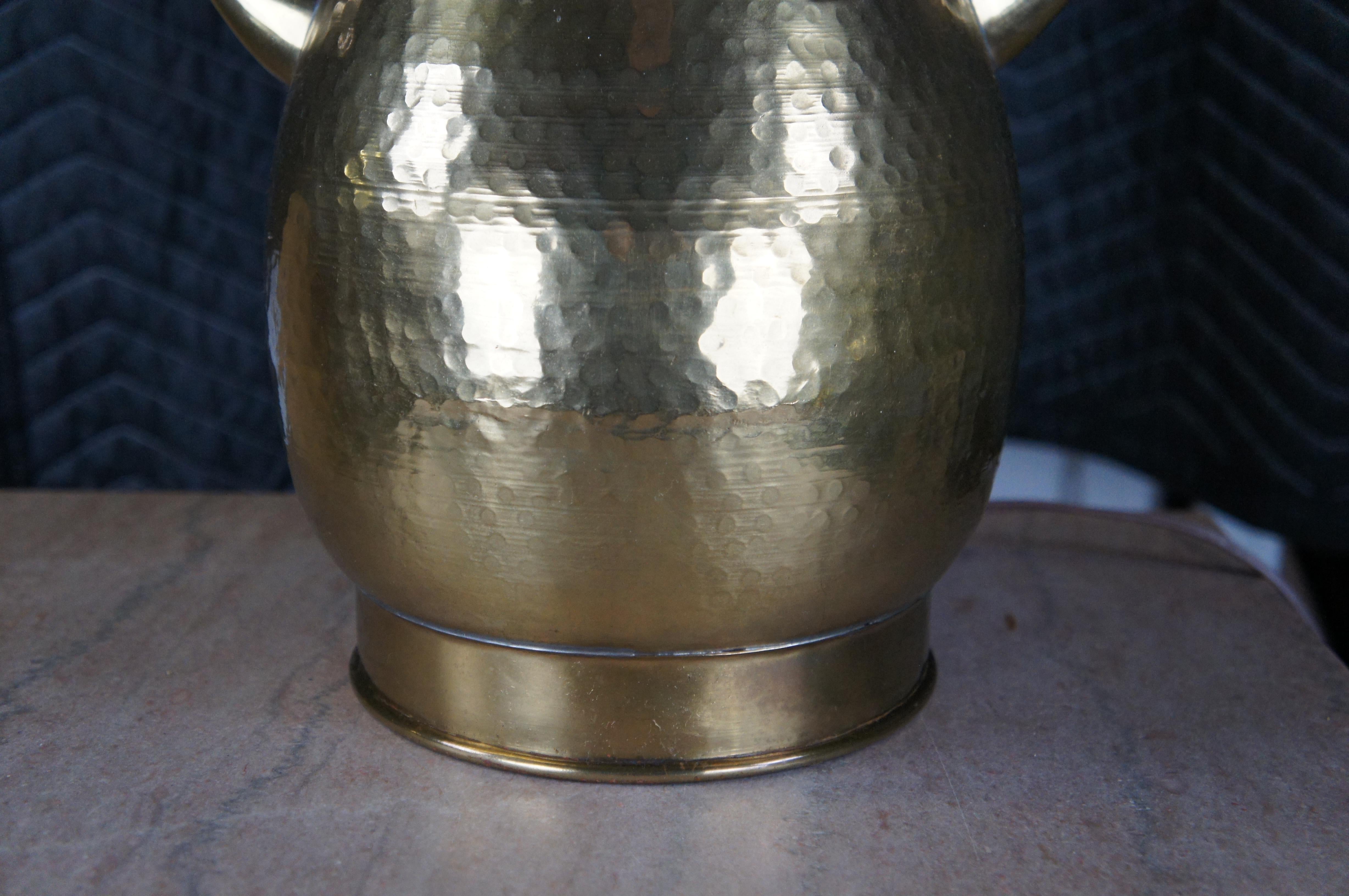 20th Century Vintage Hammered Brass Deer Stag Head Handled Urn Vase Table Lamp & Shade 27