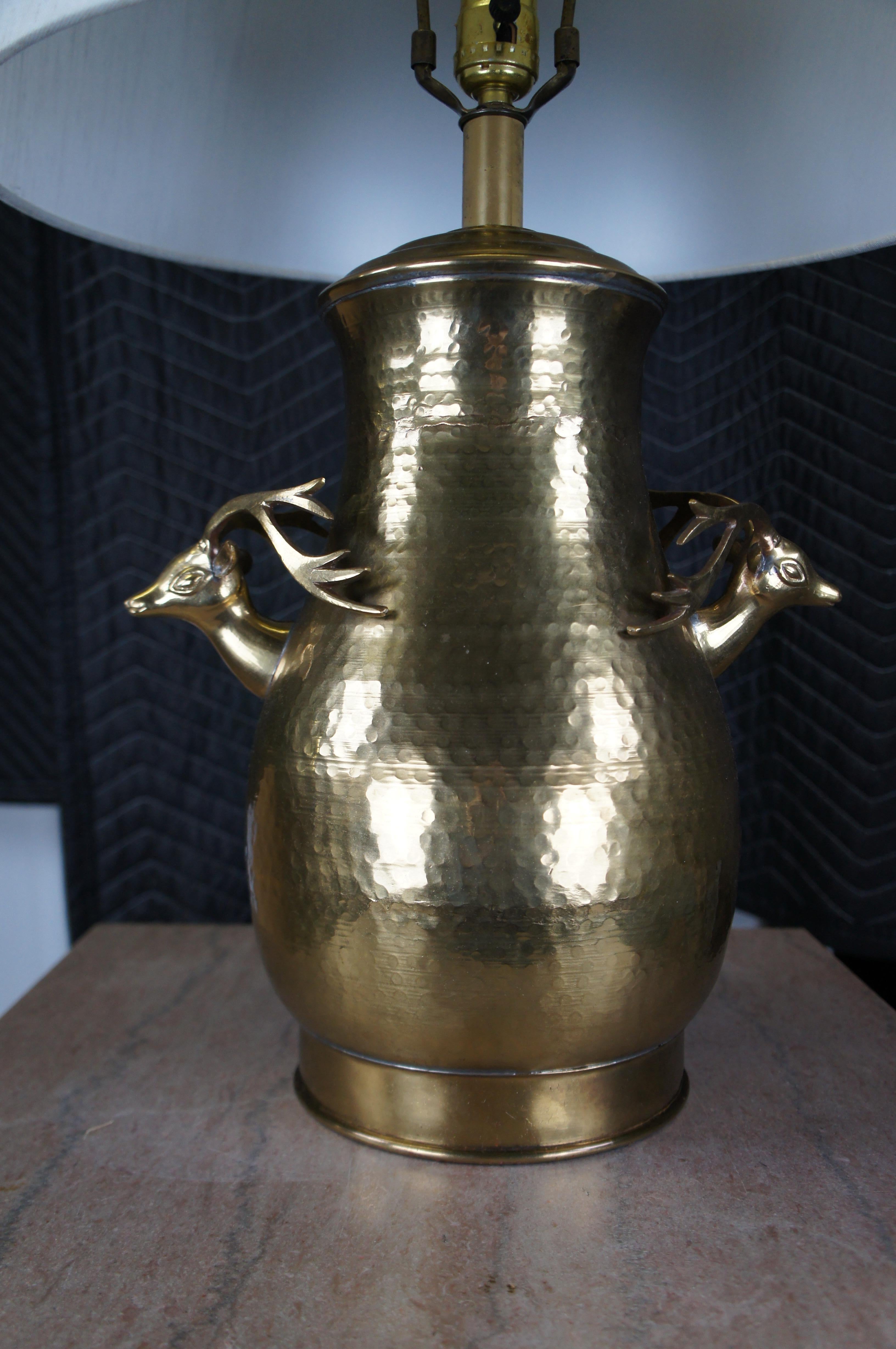 Vintage Hammered Brass Deer Stag Head Handled Urn Vase Table Lamp & Shade 27