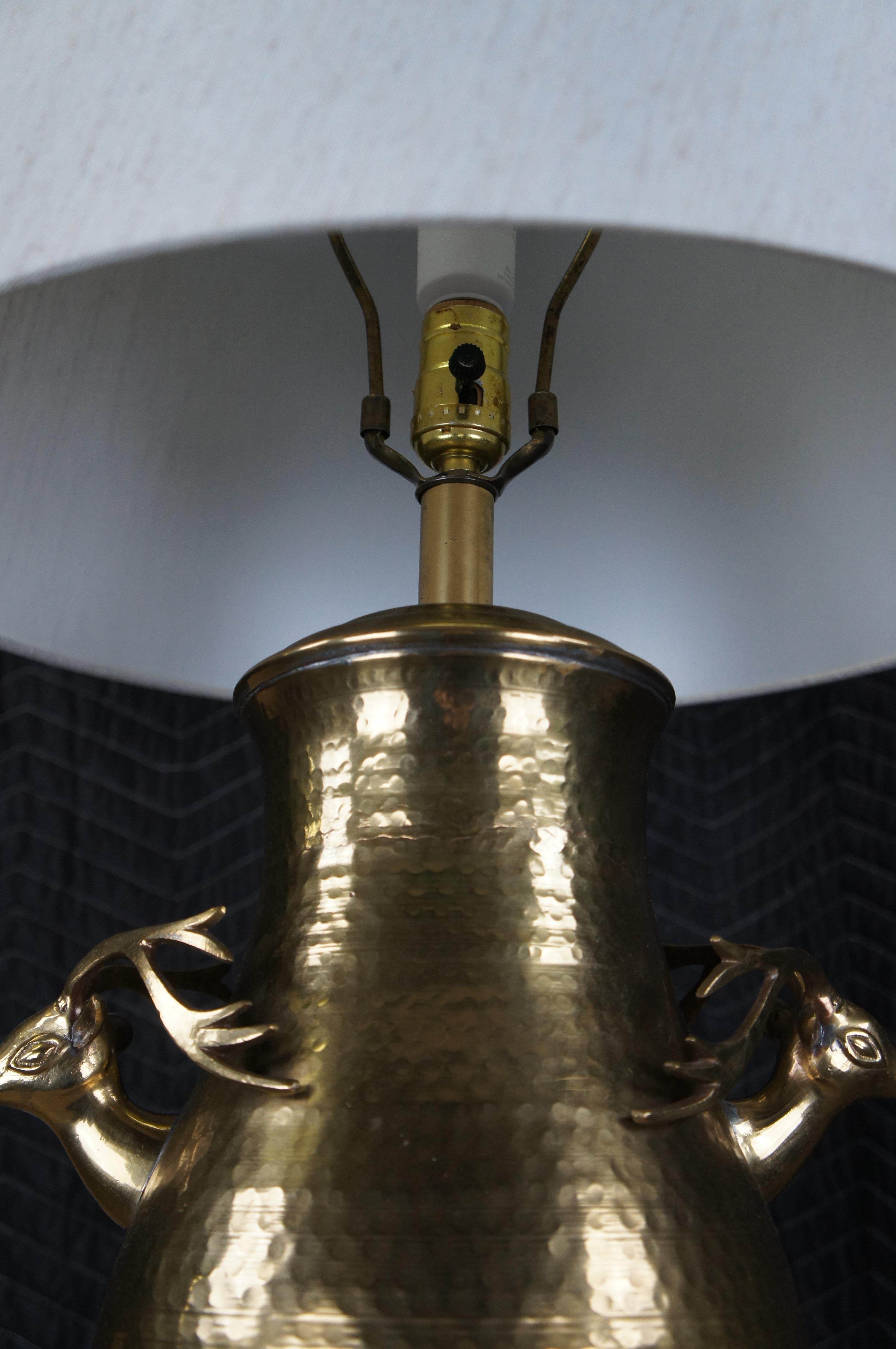 Vintage Hammered Brass Deer Stag Head Handled Urn Vase Table Lamp & Shade 27